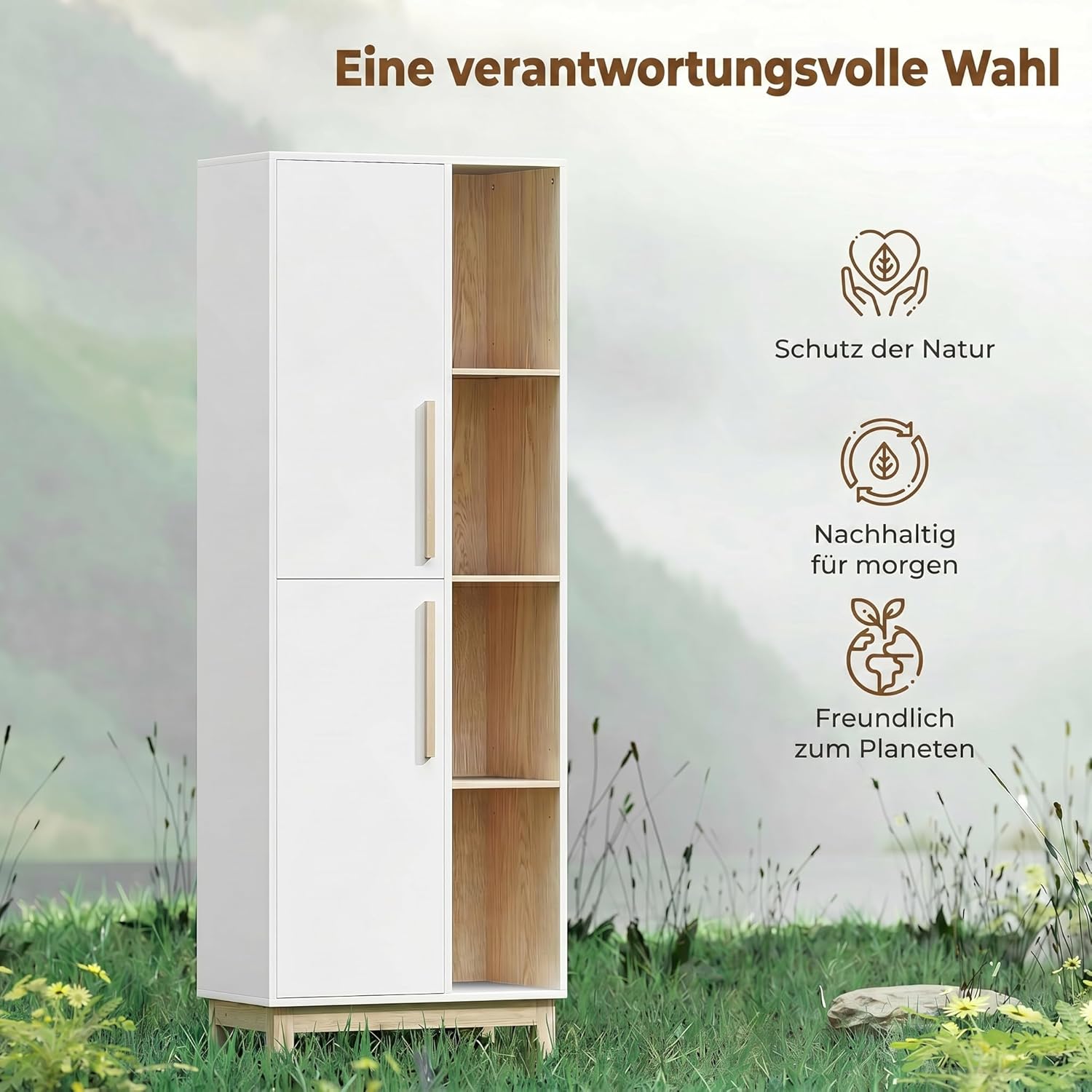 HOMCOM Badezimmerschrank Hochschrank, mit 2 Türen, 4 Offenen Ebenen und verstellbaren Regalen, Badschrank für Badezimmer, Wohnzimmer 62,5 x 35 x 176 cm, Weiß — Ansicht 6