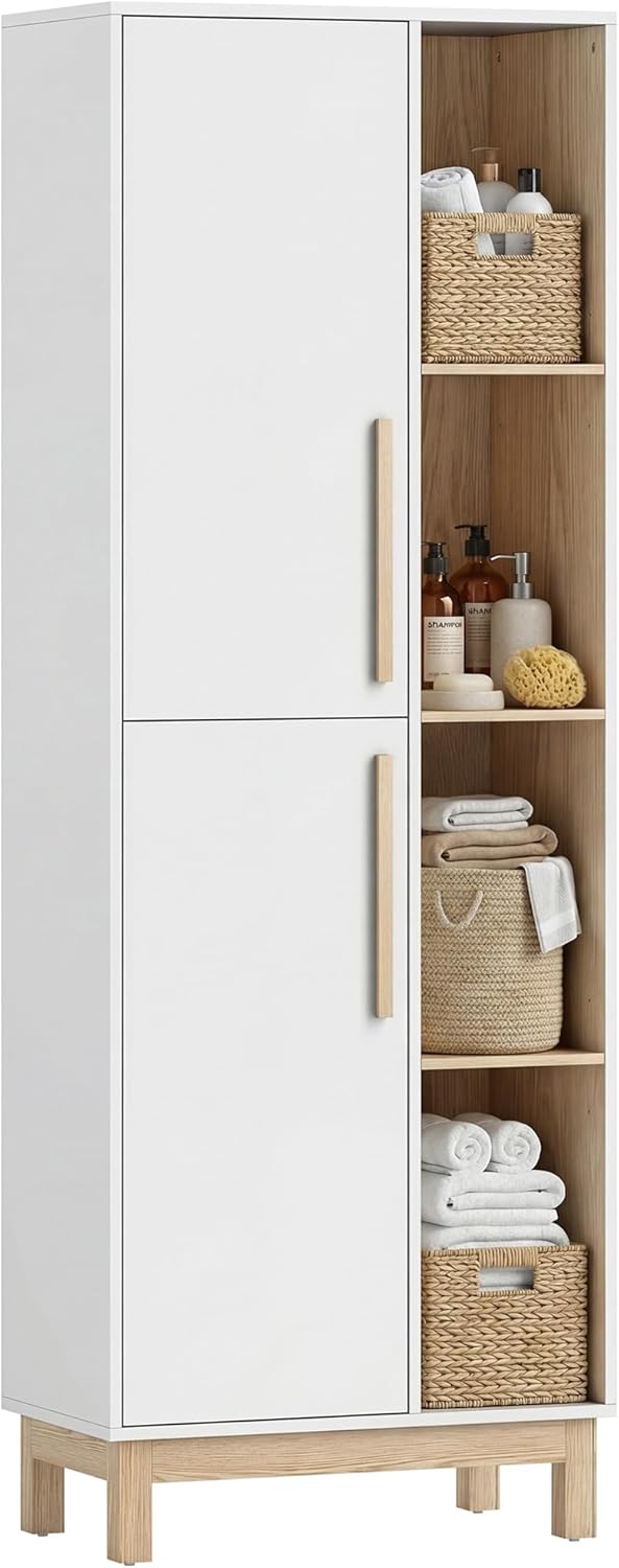 HOMCOM Badezimmerschrank Hochschrank, mit 2 Türen, 4 Offenen Ebenen und verstellbaren Regalen, Badschrank für Badezimmer, Wohnzimmer 62,5 x 35 x 176 cm, Weiß