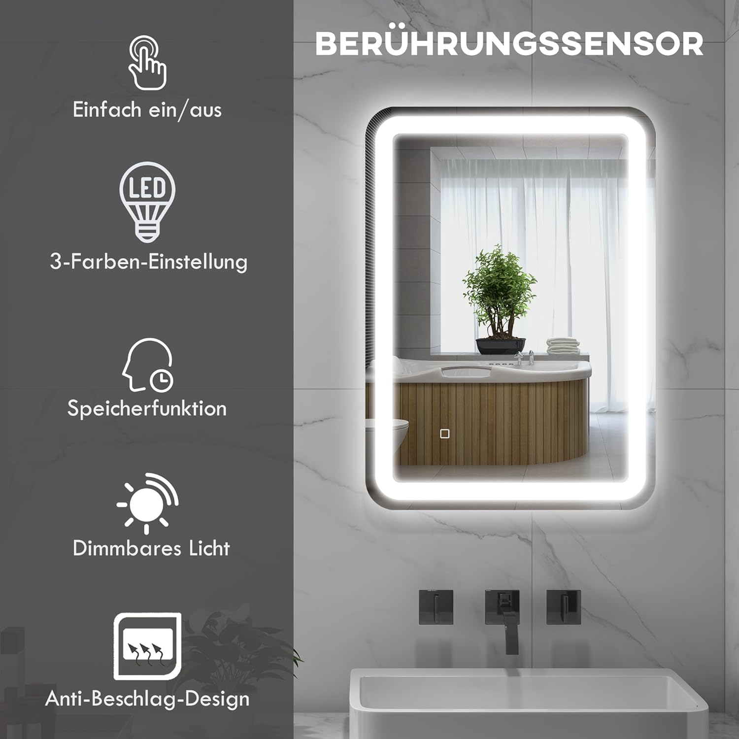 HOMCOM Badspiegel mit Beleuchtung 50 x 70 cm LED Spiegel mit 3 Lichtfarben Wandspiegel mit Touchschalter, Memory-Funktion Lichtspiegel Beschlagfrei Silber — Ansicht 2