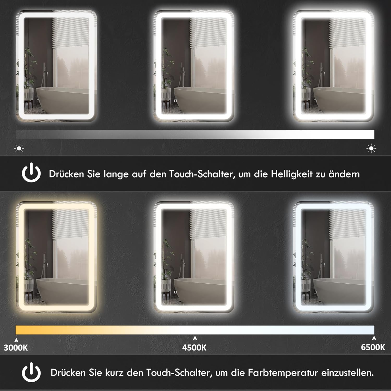 HOMCOM Badspiegel mit Beleuchtung 50 x 70 cm LED Spiegel mit 3 Lichtfarben Wandspiegel mit Touchschalter, Memory-Funktion Lichtspiegel Beschlagfrei Silber — Ansicht 3