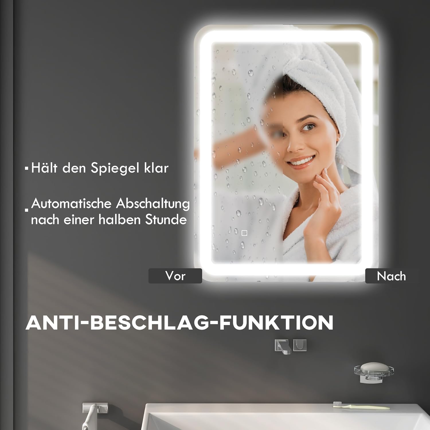 HOMCOM Badspiegel mit Beleuchtung 50 x 70 cm LED Spiegel mit 3 Lichtfarben Wandspiegel mit Touchschalter, Memory-Funktion Lichtspiegel Beschlagfrei Silber — Ansicht 4