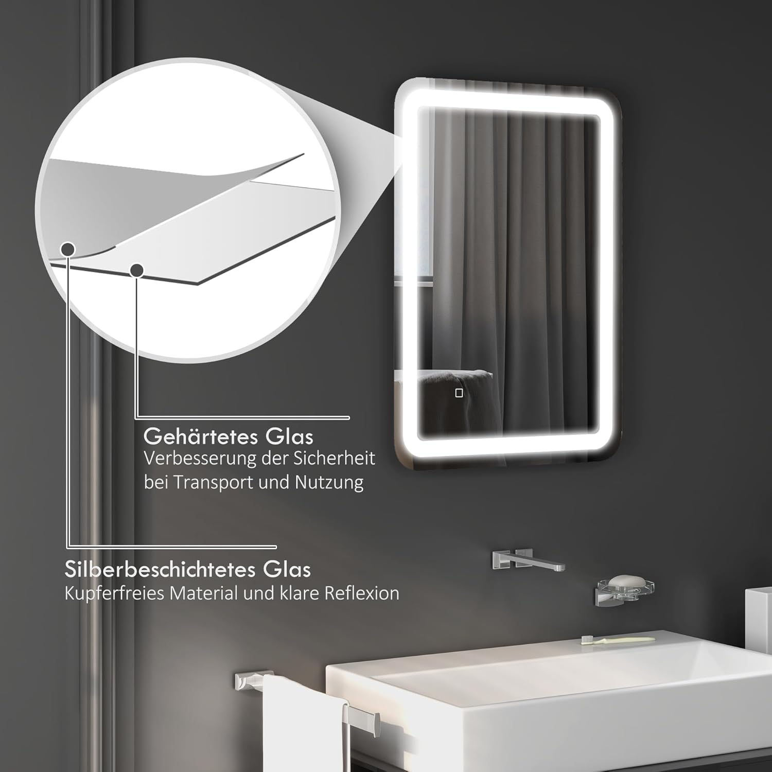 HOMCOM Badspiegel mit Beleuchtung 50 x 70 cm LED Spiegel mit 3 Lichtfarben Wandspiegel mit Touchschalter, Memory-Funktion Lichtspiegel Beschlagfrei Silber — Ansicht 5