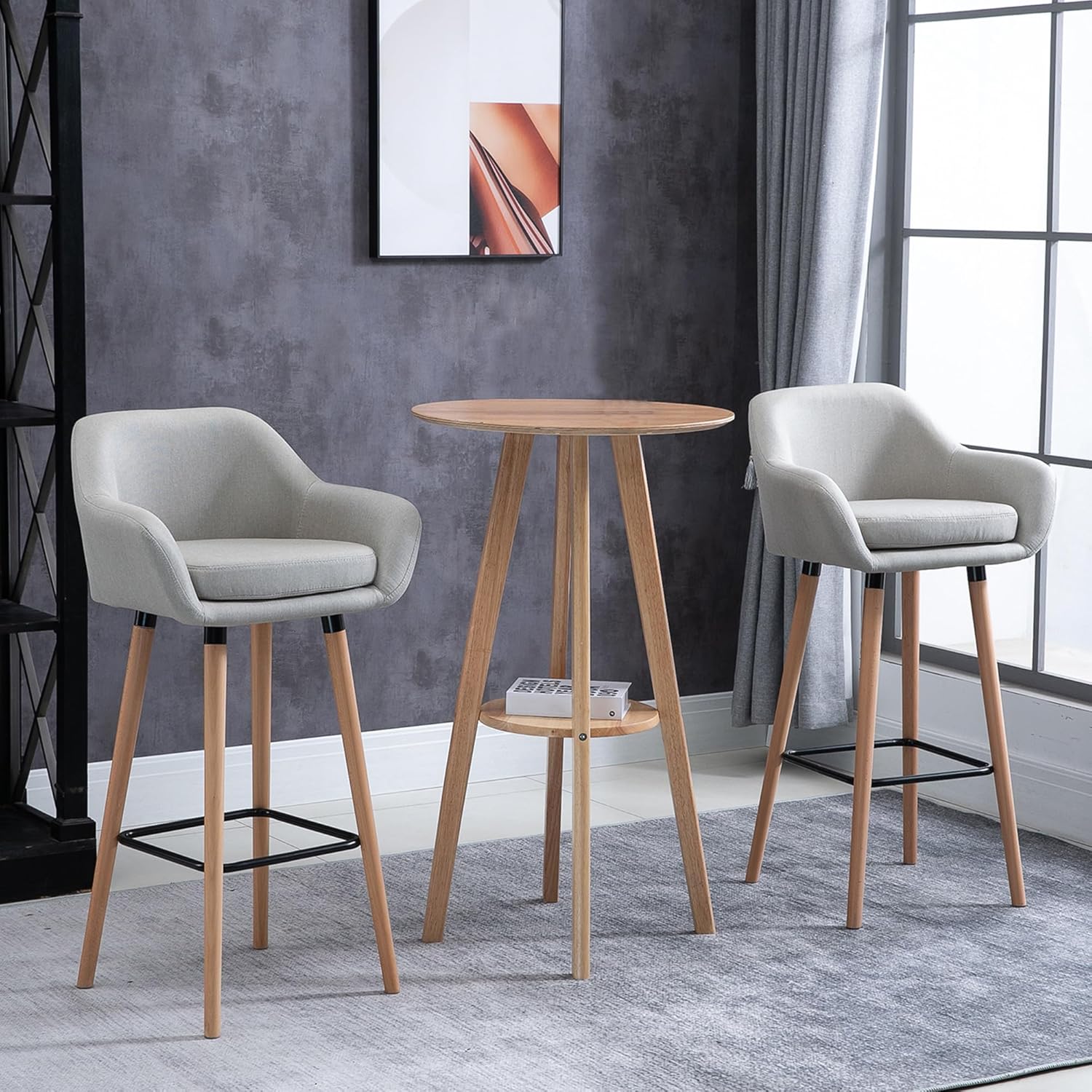 HOMCOM Barhocker 2er Set, Barstuhl mit Sitzkissen, Holzbeine, Rückenlehne und Armlehnen, Küchenstühle mit Fußstütze aus Holz, Tresenhocker für Küche, Wohnzimmer, Esszimmer, Leinenoptik, Beige — Ansicht 2