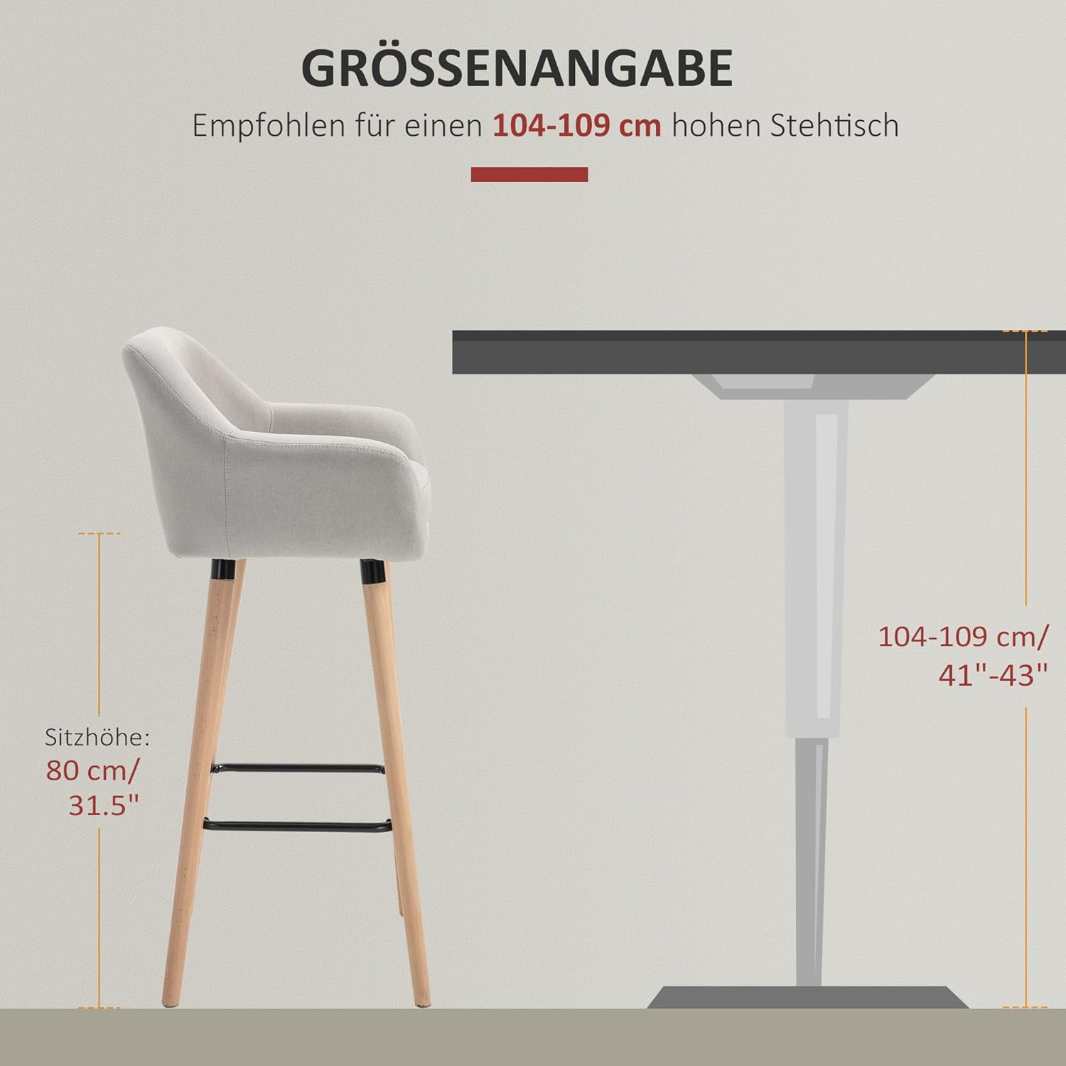 HOMCOM Barhocker 2er Set, Barstuhl mit Sitzkissen, Holzbeine, Rückenlehne und Armlehnen, Küchenstühle mit Fußstütze aus Holz, Tresenhocker für Küche, Wohnzimmer, Esszimmer, Leinenoptik, Beige — Ansicht 3