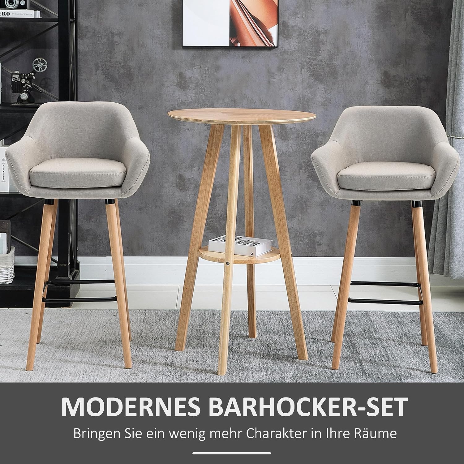 HOMCOM Barhocker 2er Set, Barstuhl mit Sitzkissen, Holzbeine, Rückenlehne und Armlehnen, Küchenstühle mit Fußstütze aus Holz, Tresenhocker für Küche, Wohnzimmer, Esszimmer, Leinenoptik, Beige — Ansicht 4