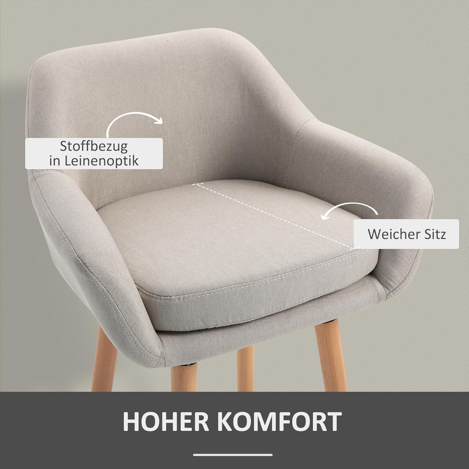 HOMCOM Barhocker 2er Set, Barstuhl mit Sitzkissen, Holzbeine, Rückenlehne und Armlehnen, Küchenstühle mit Fußstütze aus Holz, Tresenhocker für Küche, Wohnzimmer, Esszimmer, Leinenoptik, Beige — Ansicht 5