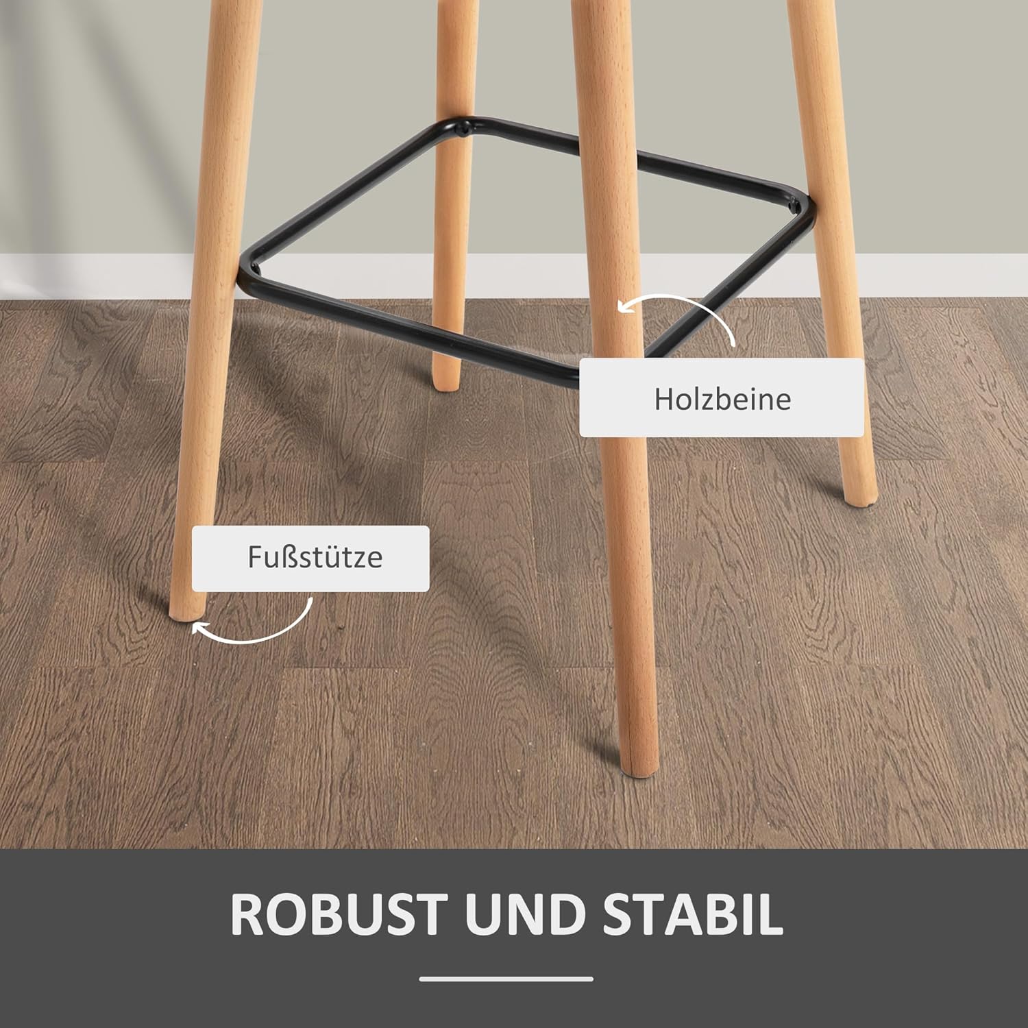 HOMCOM Barhocker 2er Set, Barstuhl mit Sitzkissen, Holzbeine, Rückenlehne und Armlehnen, Küchenstühle mit Fußstütze aus Holz, Tresenhocker für Küche, Wohnzimmer, Esszimmer, Leinenoptik, Beige — Ansicht 6