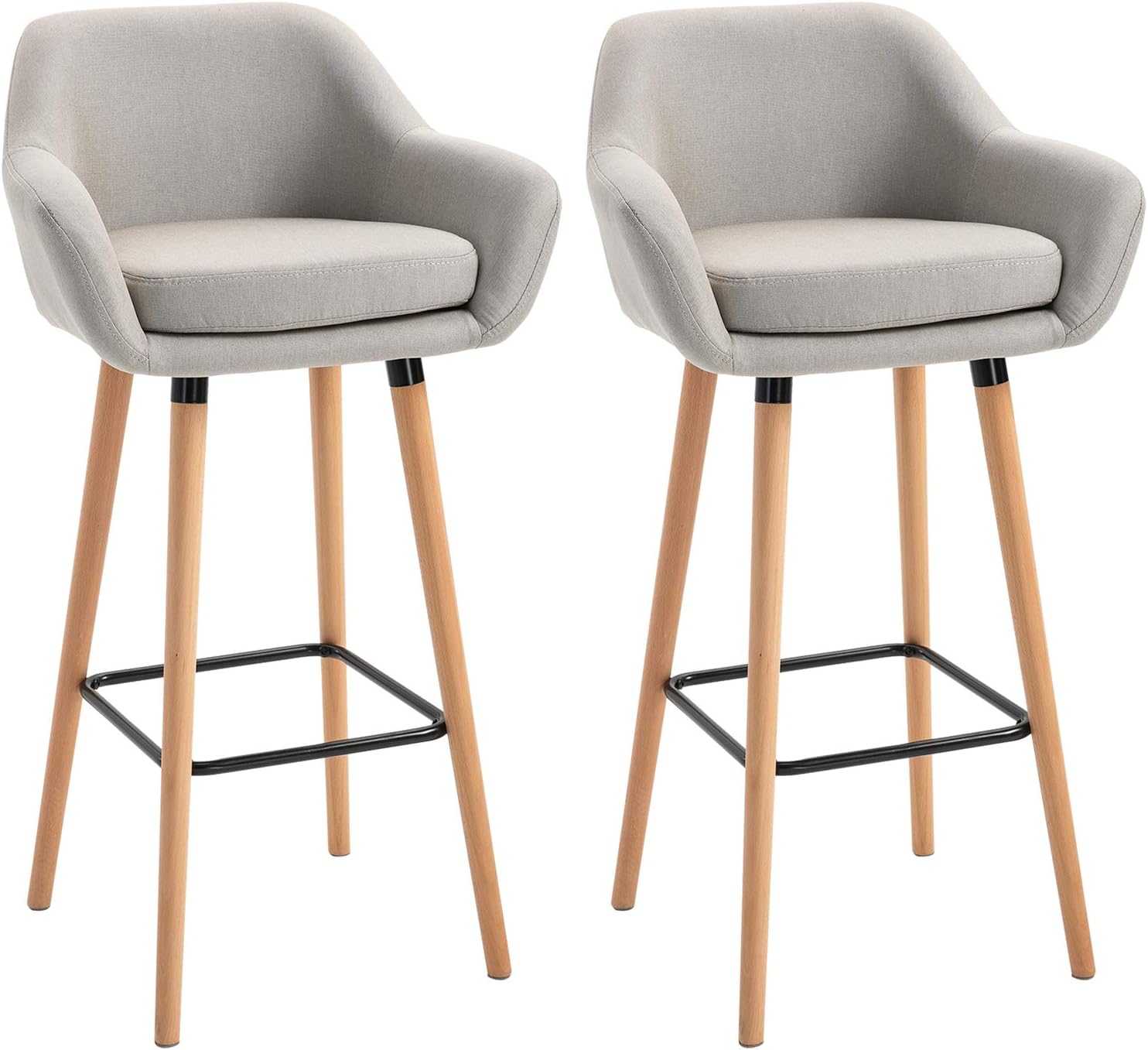 HOMCOM Barhocker 2er Set, Barstuhl mit Sitzkissen, Holzbeine, Rückenlehne und Armlehnen, Küchenstühle mit Fußstütze aus Holz, Tresenhocker für Küche, Wohnzimmer, Esszimmer, Leinenoptik, Beige