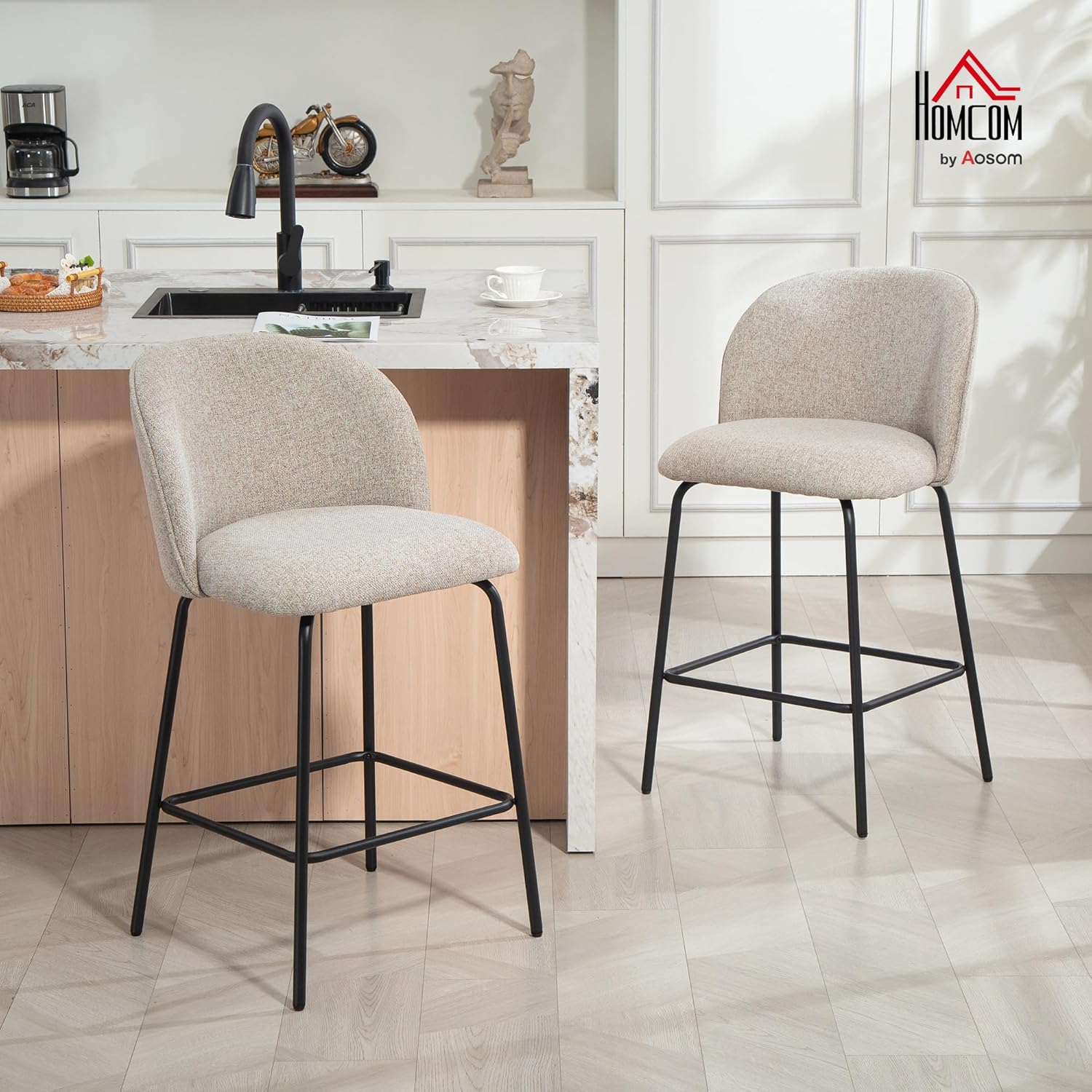 HOMCOM Barhocker 2er Set Barstuhl, Tresenhocker mit Fußstütze, Lehne, Leinen-Optik, Sitzhöhe 68 cm Küchenstühle mit Stahlgestell Loungesessel für Küche, Wohnzimmer, Esszimmer Hellgrau — Ansicht 2