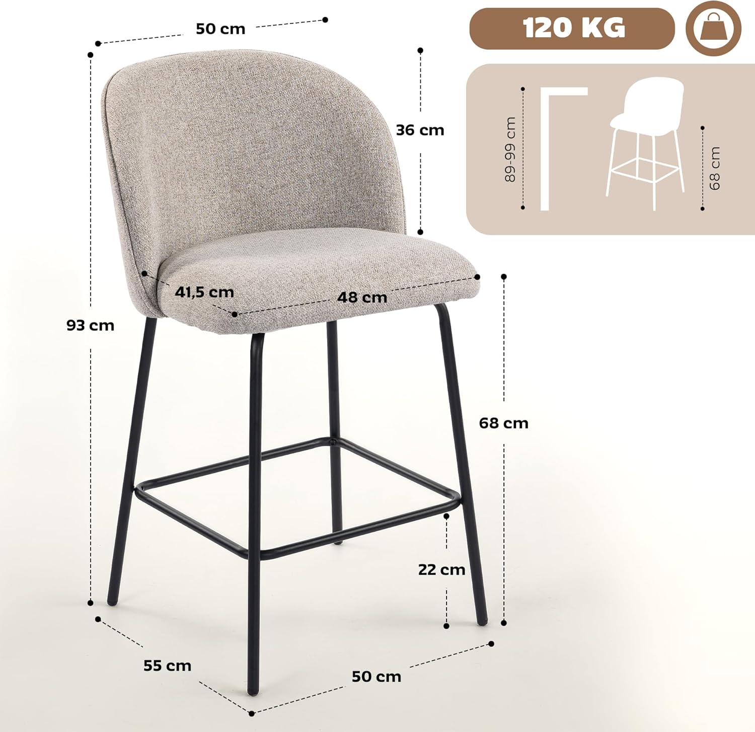 HOMCOM Barhocker 2er Set Barstuhl, Tresenhocker mit Fußstütze, Lehne, Leinen-Optik, Sitzhöhe 68 cm Küchenstühle mit Stahlgestell Loungesessel für Küche, Wohnzimmer, Esszimmer Hellgrau — Ansicht 3