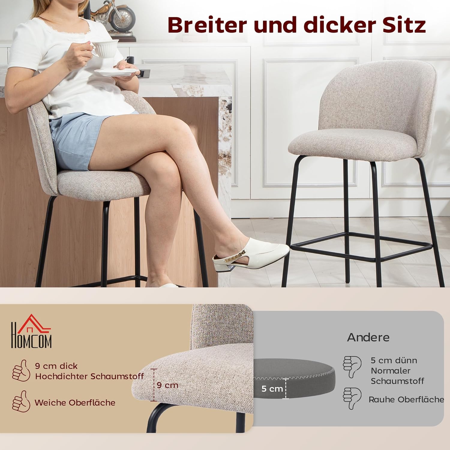 HOMCOM Barhocker 2er Set Barstuhl, Tresenhocker mit Fußstütze, Lehne, Leinen-Optik, Sitzhöhe 68 cm Küchenstühle mit Stahlgestell Loungesessel für Küche, Wohnzimmer, Esszimmer Hellgrau — Ansicht 4