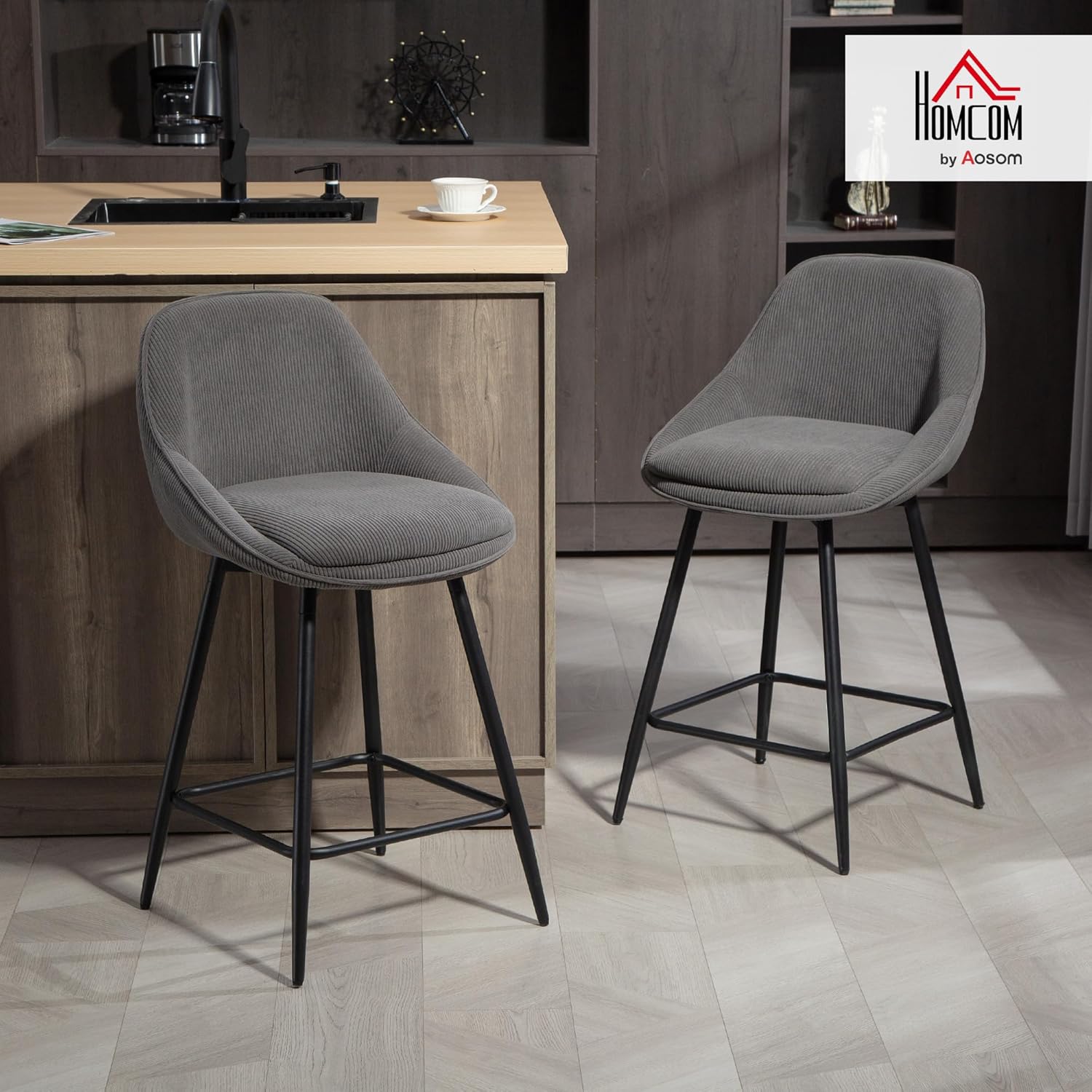 HOMCOM Barhocker 2er Set Drehbar Tresenhocker Barstuhl mit Fußstütze, Rückenlehne, Kord-Optik, Sitzhöhe 65 cm Küchenstühle mit Stahlgestell Sessel für Küche, Esszimmer & Theke Grau — Ansicht 2
