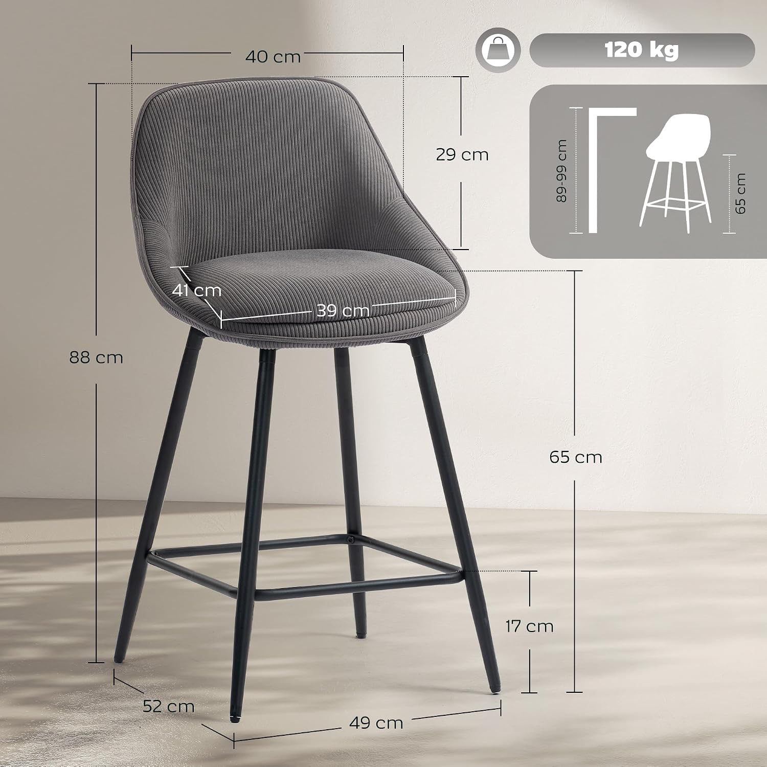 HOMCOM Barhocker 2er Set Drehbar Tresenhocker Barstuhl mit Fußstütze, Rückenlehne, Kord-Optik, Sitzhöhe 65 cm Küchenstühle mit Stahlgestell Sessel für Küche, Esszimmer & Theke Grau — Ansicht 3