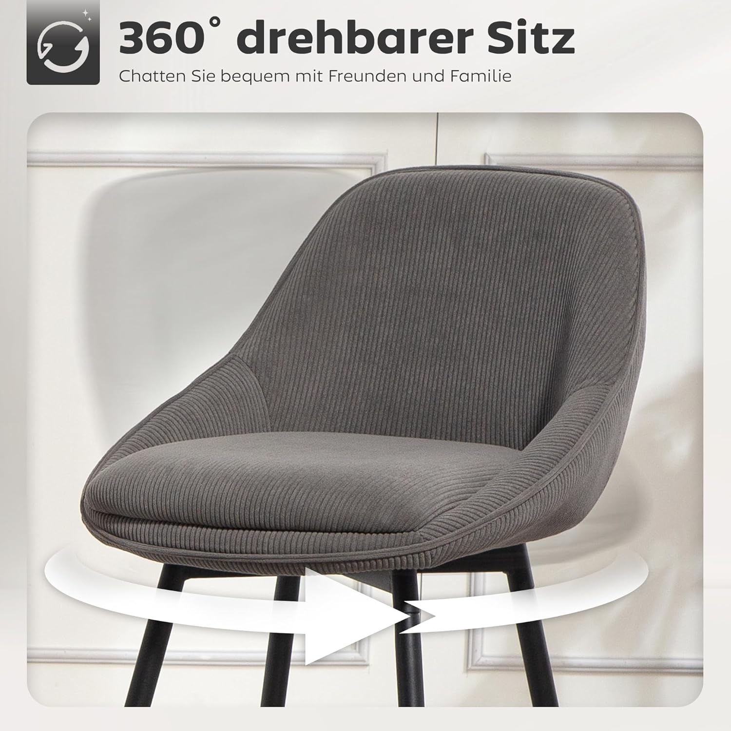 HOMCOM Barhocker 2er Set Drehbar Tresenhocker Barstuhl mit Fußstütze, Rückenlehne, Kord-Optik, Sitzhöhe 65 cm Küchenstühle mit Stahlgestell Sessel für Küche, Esszimmer & Theke Grau — Ansicht 4