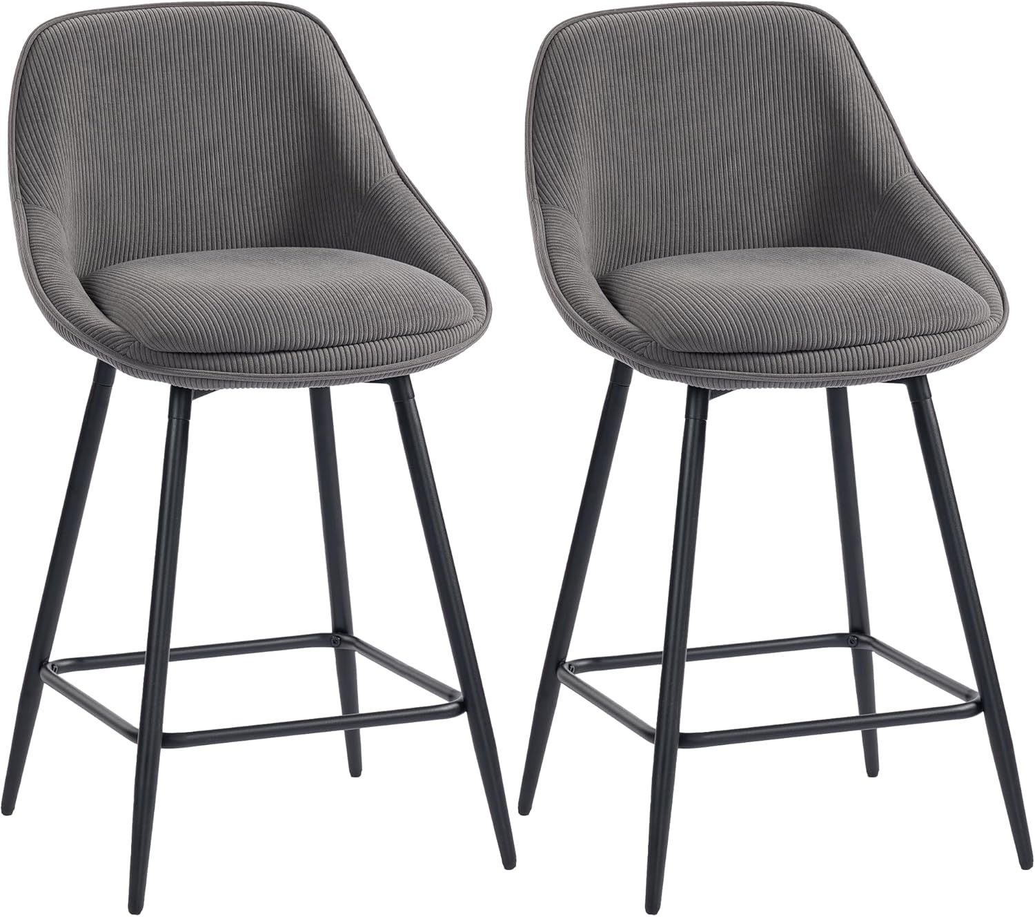 HOMCOM Barhocker 2er Set Drehbar Tresenhocker Barstuhl mit Fußstütze, Rückenlehne, Kord-Optik, Sitzhöhe 65 cm Küchenstühle mit Stahlgestell Sessel für Küche, Esszimmer & Theke Grau