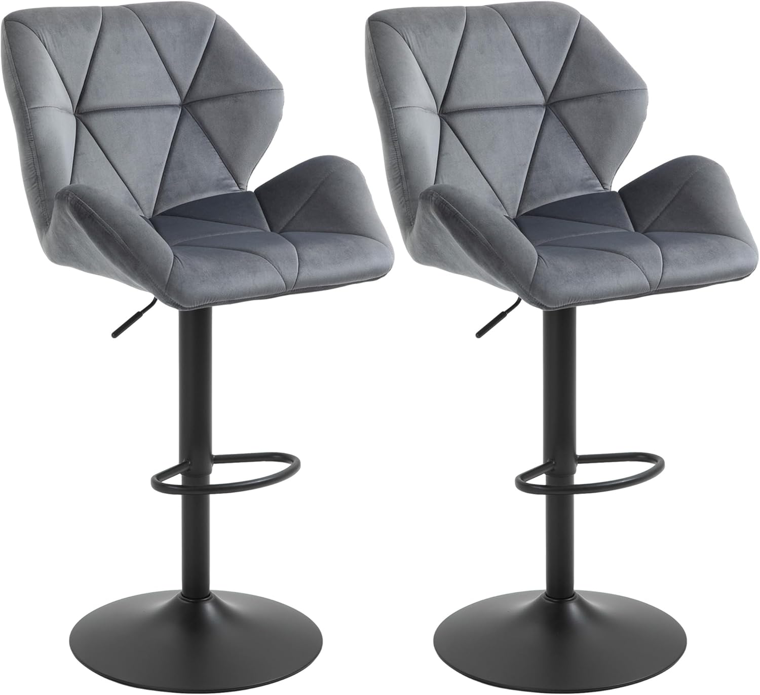 HOMCOM Barhocker 2er Set, Gepolstert Barstuhl mit Metallgestell, Lehne, Samtoptik, Höhenverstellbar Küchenstühle mit Fußstütze 360° Drehbar Tresenhocker für Küche, Wohnzimmer, Esszimmer Grau