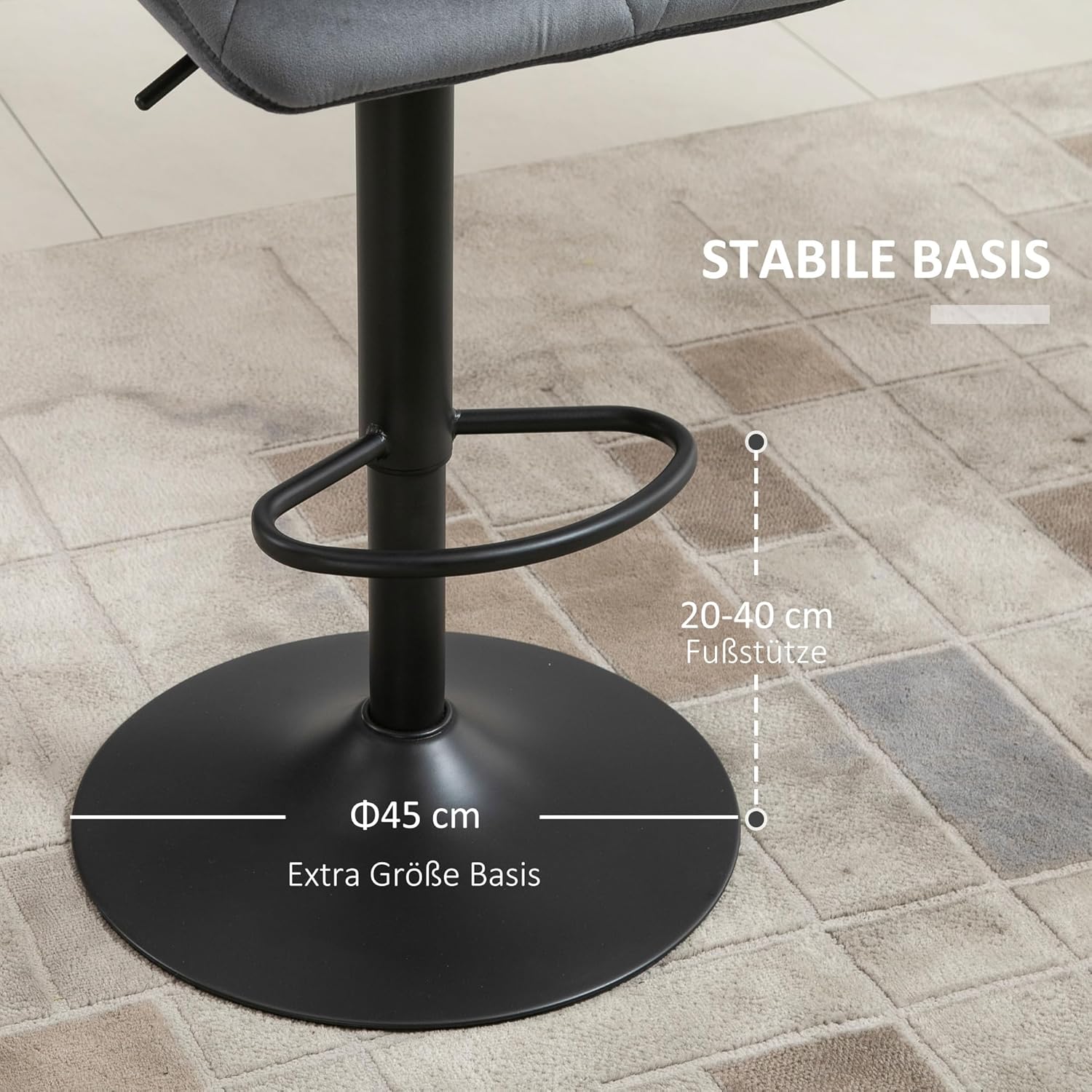 HOMCOM Barhocker 2er Set, Gepolstert Barstuhl mit Metallgestell, Lehne, Samtoptik, Höhenverstellbar Küchenstühle mit Fußstütze 360° Drehbar Tresenhocker für Küche, Wohnzimmer, Esszimmer Grau — Ansicht 3