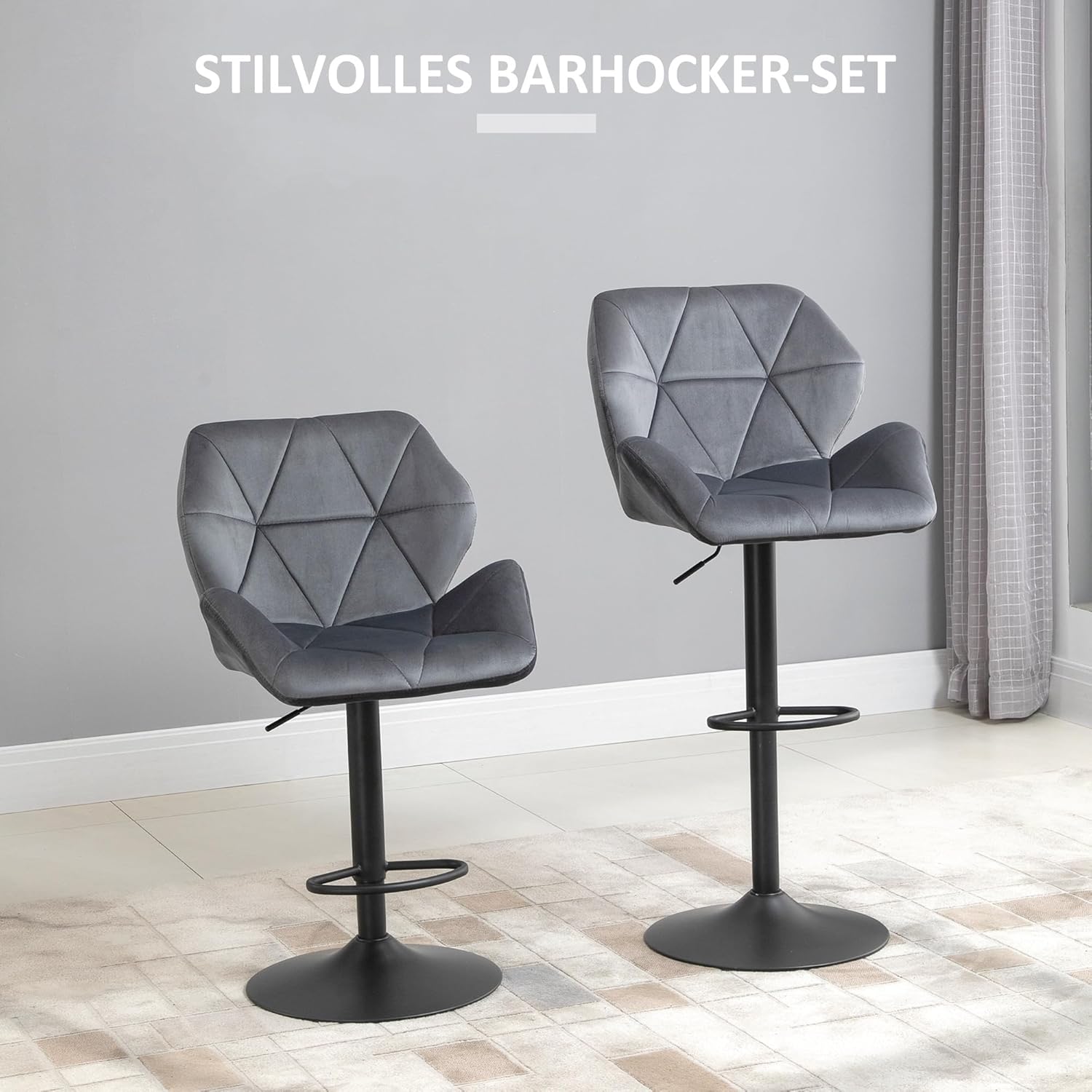 HOMCOM Barhocker 2er Set, Gepolstert Barstuhl mit Metallgestell, Lehne, Samtoptik, Höhenverstellbar Küchenstühle mit Fußstütze 360° Drehbar Tresenhocker für Küche, Wohnzimmer, Esszimmer Grau — Ansicht 4