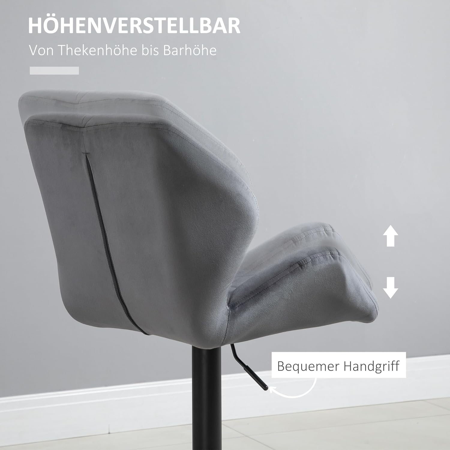 HOMCOM Barhocker 2er Set, Gepolstert Barstuhl mit Metallgestell, Lehne, Samtoptik, Höhenverstellbar Küchenstühle mit Fußstütze 360° Drehbar Tresenhocker für Küche, Wohnzimmer, Esszimmer Grau — Ansicht 5