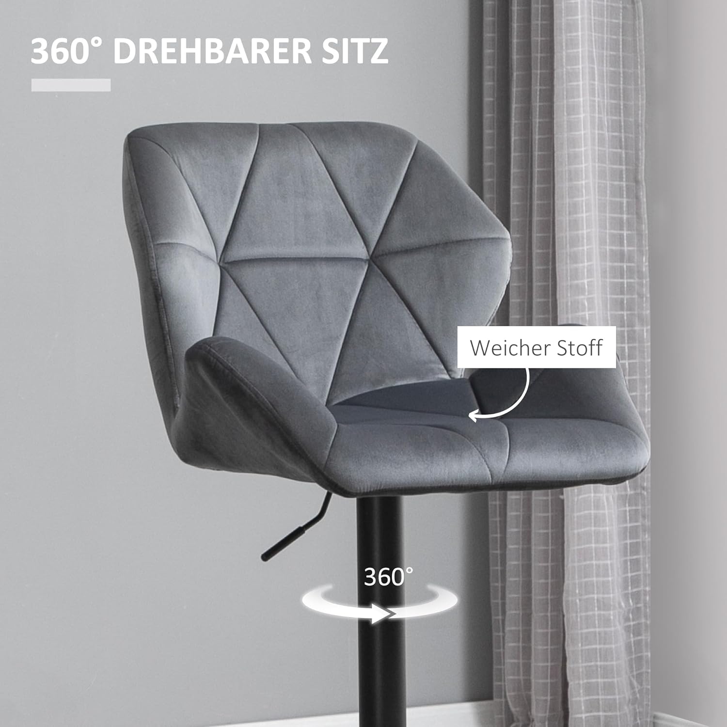HOMCOM Barhocker 2er Set, Gepolstert Barstuhl mit Metallgestell, Lehne, Samtoptik, Höhenverstellbar Küchenstühle mit Fußstütze 360° Drehbar Tresenhocker für Küche, Wohnzimmer, Esszimmer Grau — Ansicht 6