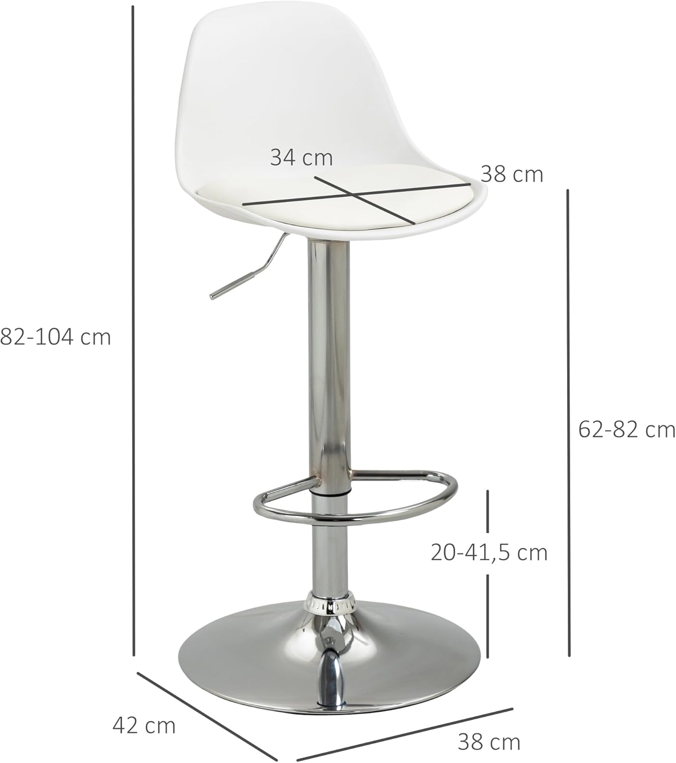 HOMCOM Barhocker 2er Set, Gepolstert Barstuhl mit Stahlgestell, Lehne, aus Kunstleder, Höhenverstellbar Küchenstühle mit Fußstütze 360° Drehbar Tresenhocker für Küche, Wohnzimmer, Esszimmer Weiß — Ansicht 3