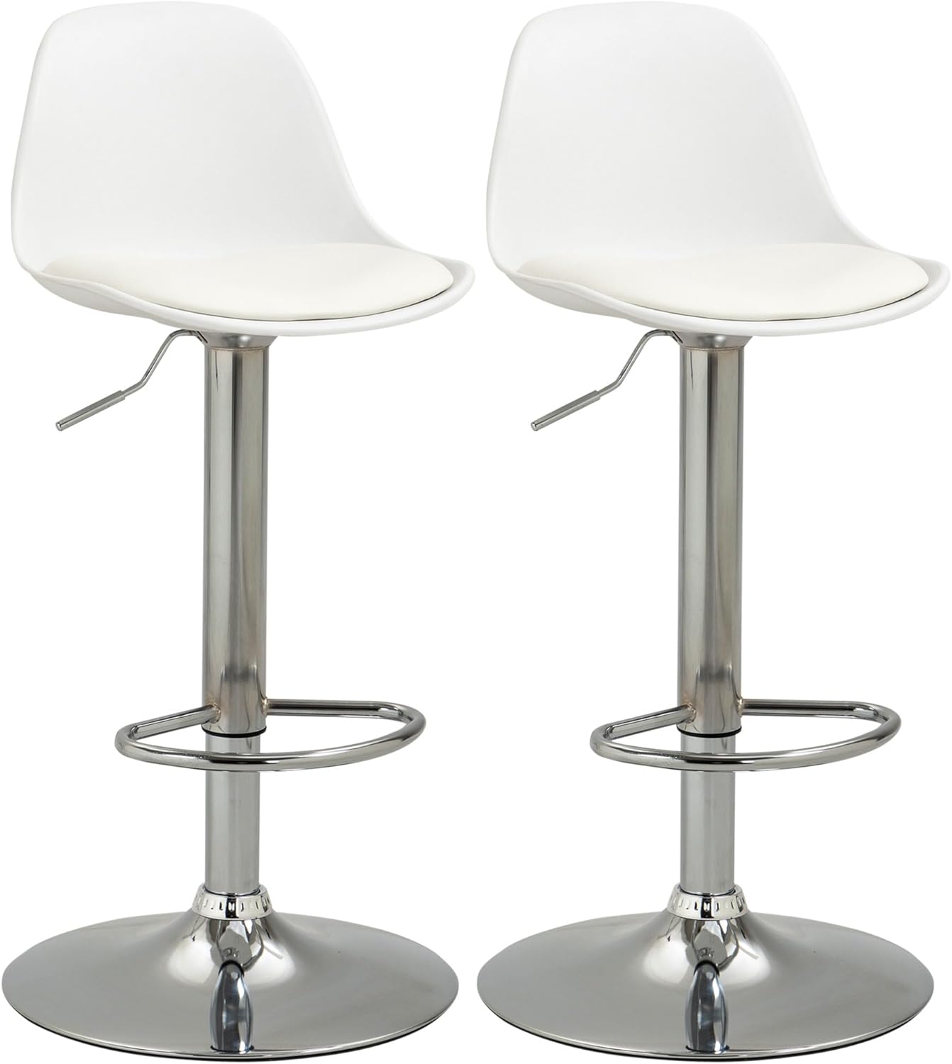 HOMCOM Barhocker 2er Set, Gepolstert Barstuhl mit Stahlgestell, Lehne, aus Kunstleder, Höhenverstellbar Küchenstühle mit Fußstütze 360° Drehbar Tresenhocker für Küche, Wohnzimmer, Esszimmer Weiß