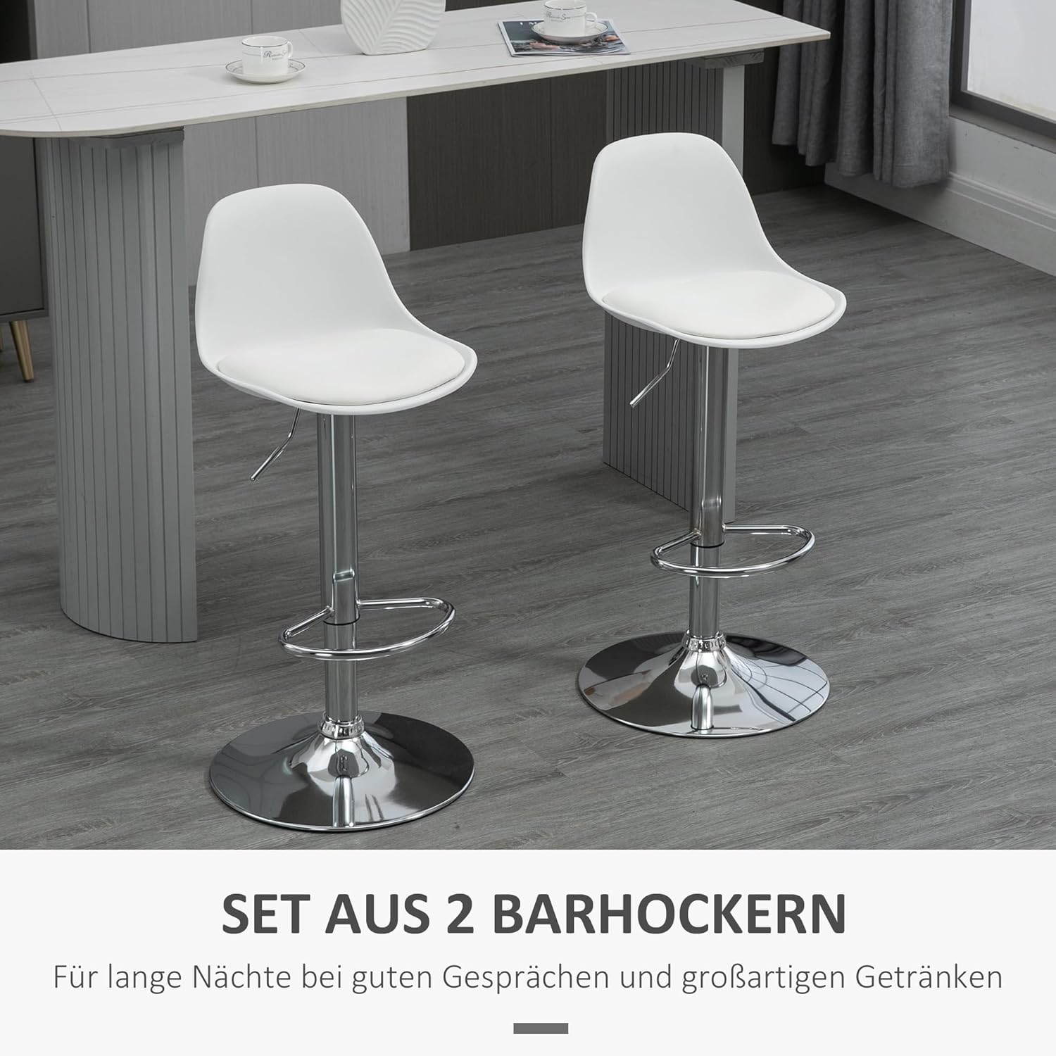 HOMCOM Barhocker 2er Set, Gepolstert Barstuhl mit Stahlgestell, Lehne, aus Kunstleder, Höhenverstellbar Küchenstühle mit Fußstütze 360° Drehbar Tresenhocker für Küche, Wohnzimmer, Esszimmer Weiß — Ansicht 4