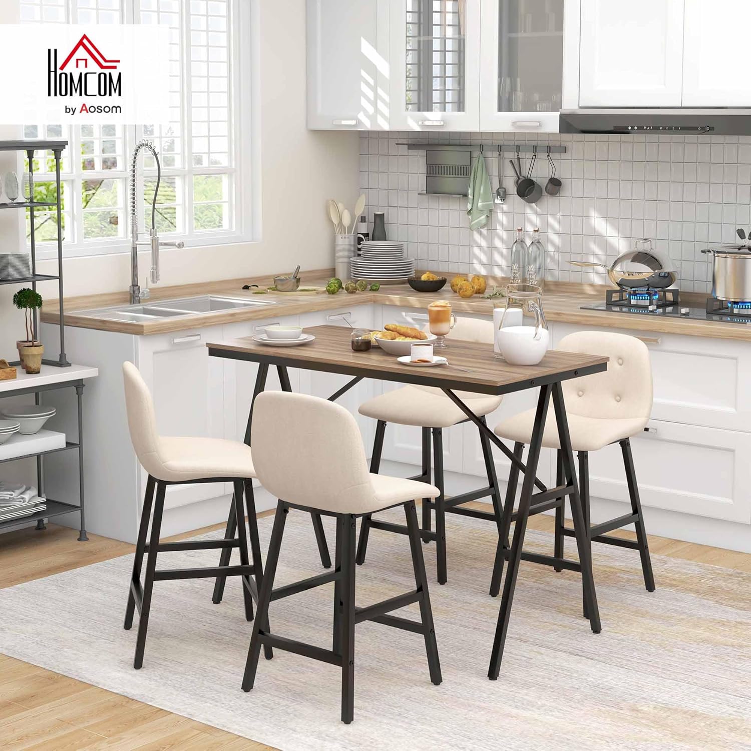 HOMCOM Bartisch Set Bartisch mit Barhocker-Set Esstisch mit 4 Stühlen mit Rückenlehne Küchentisch für Esszimmer, Küche, Beige — Ansicht 2