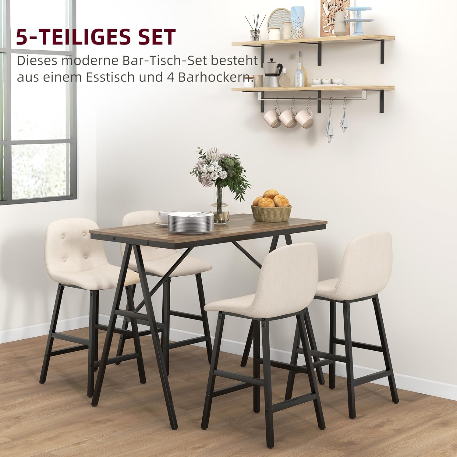 HOMCOM Bartisch Set Bartisch mit Barhocker-Set Esstisch mit 4 Stühlen mit Rückenlehne Küchentisch für Esszimmer, Küche, Beige — Ansicht 3