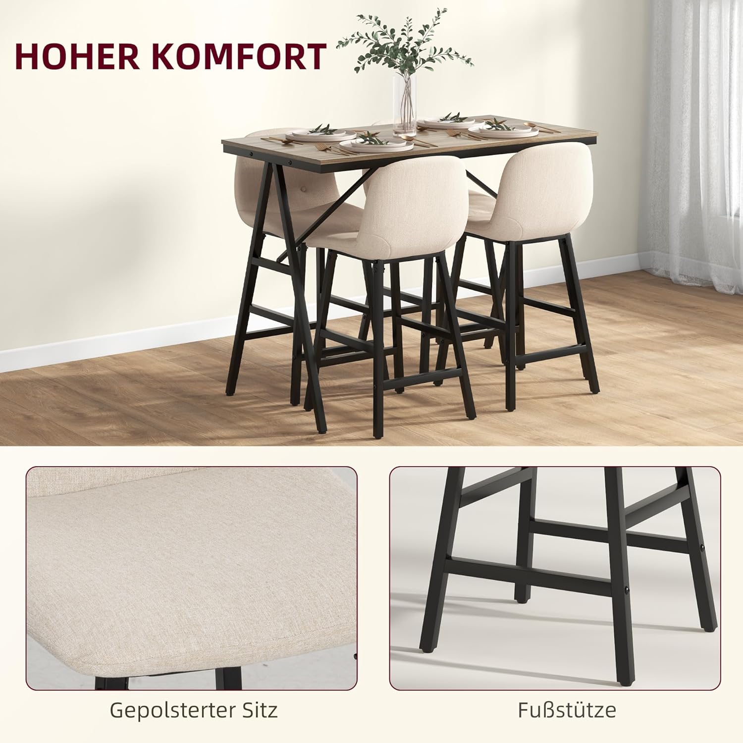 HOMCOM Bartisch Set Bartisch mit Barhocker-Set Esstisch mit 4 Stühlen mit Rückenlehne Küchentisch für Esszimmer, Küche, Beige — Ansicht 4