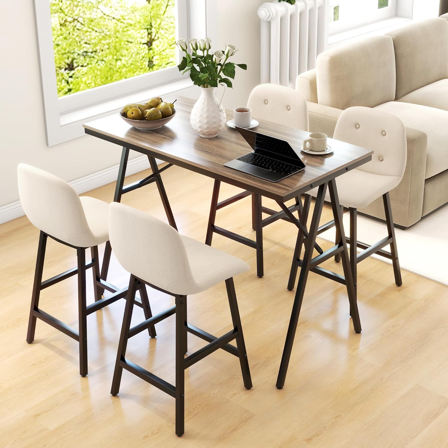 HOMCOM Bartisch Set Bartisch mit Barhocker-Set Esstisch mit 4 Stühlen mit Rückenlehne Küchentisch für Esszimmer, Küche, Beige — Ansicht 6