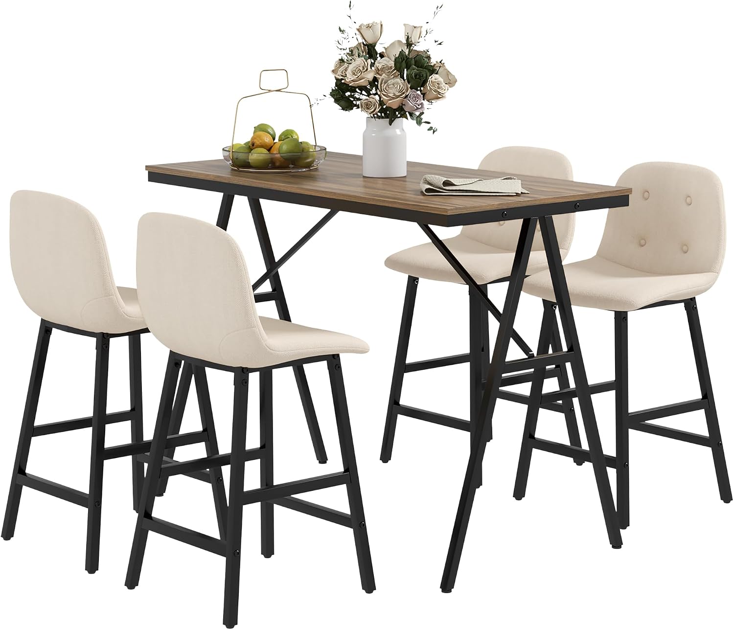 HOMCOM Bartisch Set Bartisch mit Barhocker-Set Esstisch mit 4 Stühlen mit Rückenlehne Küchentisch für Esszimmer, Küche, Beige