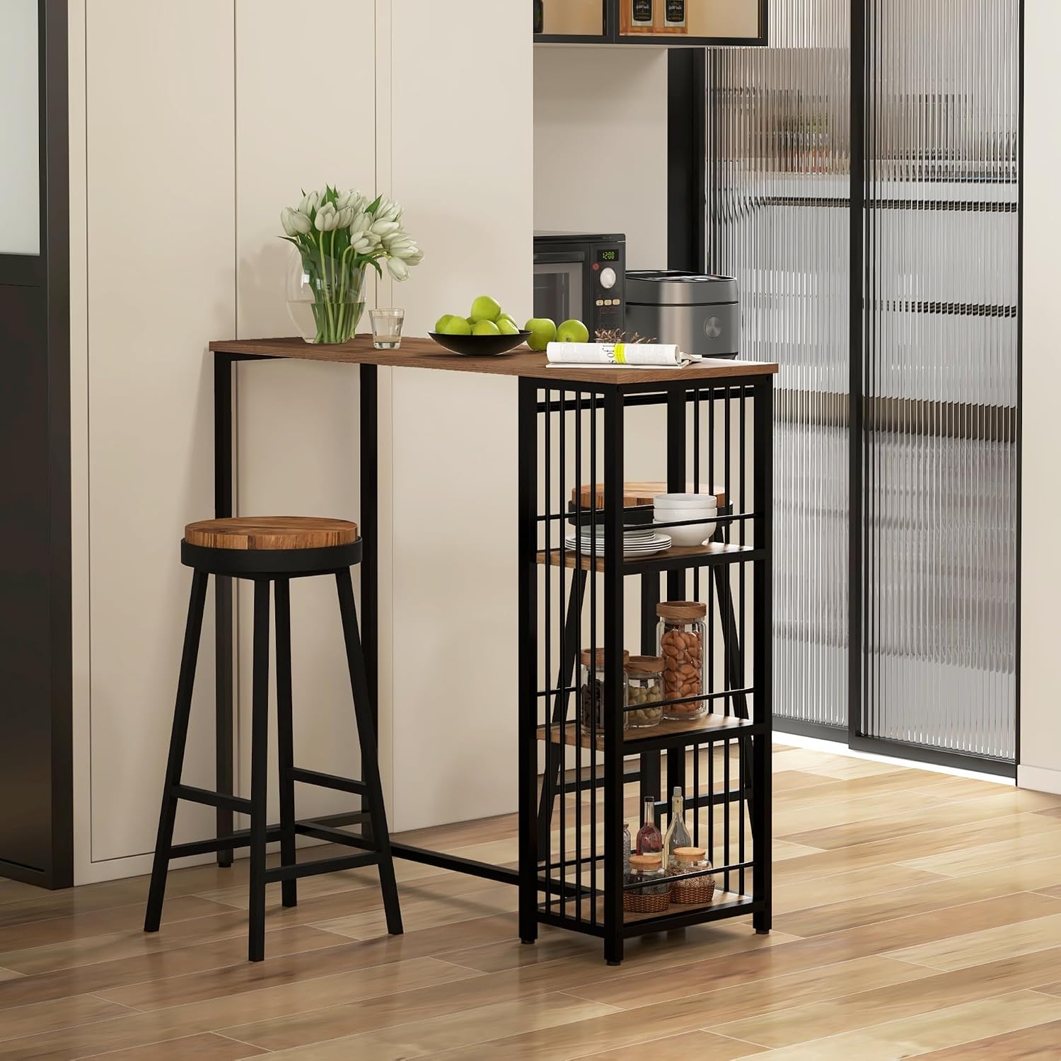 HOMCOM Bartisch Stehtisch Tresentisch mit 3 Ablageflächen Bartheke Küchentisch mit Holzoptik, Stahlgestell, für Esszimmer, Küche, Braun, 120 x 40 x 105 cm — Ansicht 2