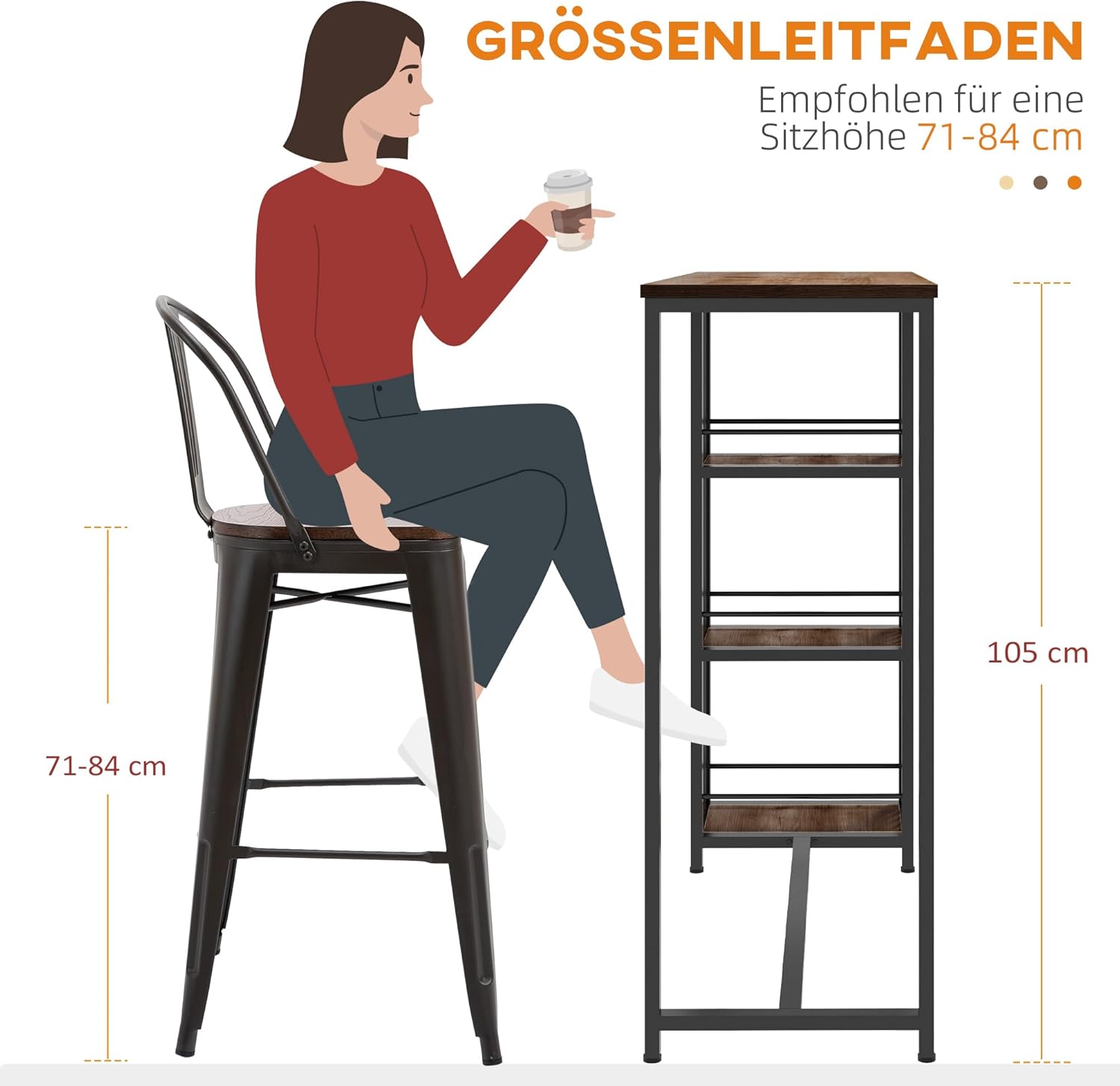 HOMCOM Bartisch Stehtisch Tresentisch mit 3 Ablageflächen Bartheke Küchentisch mit Holzoptik, Stahlgestell, für Esszimmer, Küche, Braun, 120 x 40 x 105 cm — Ansicht 3