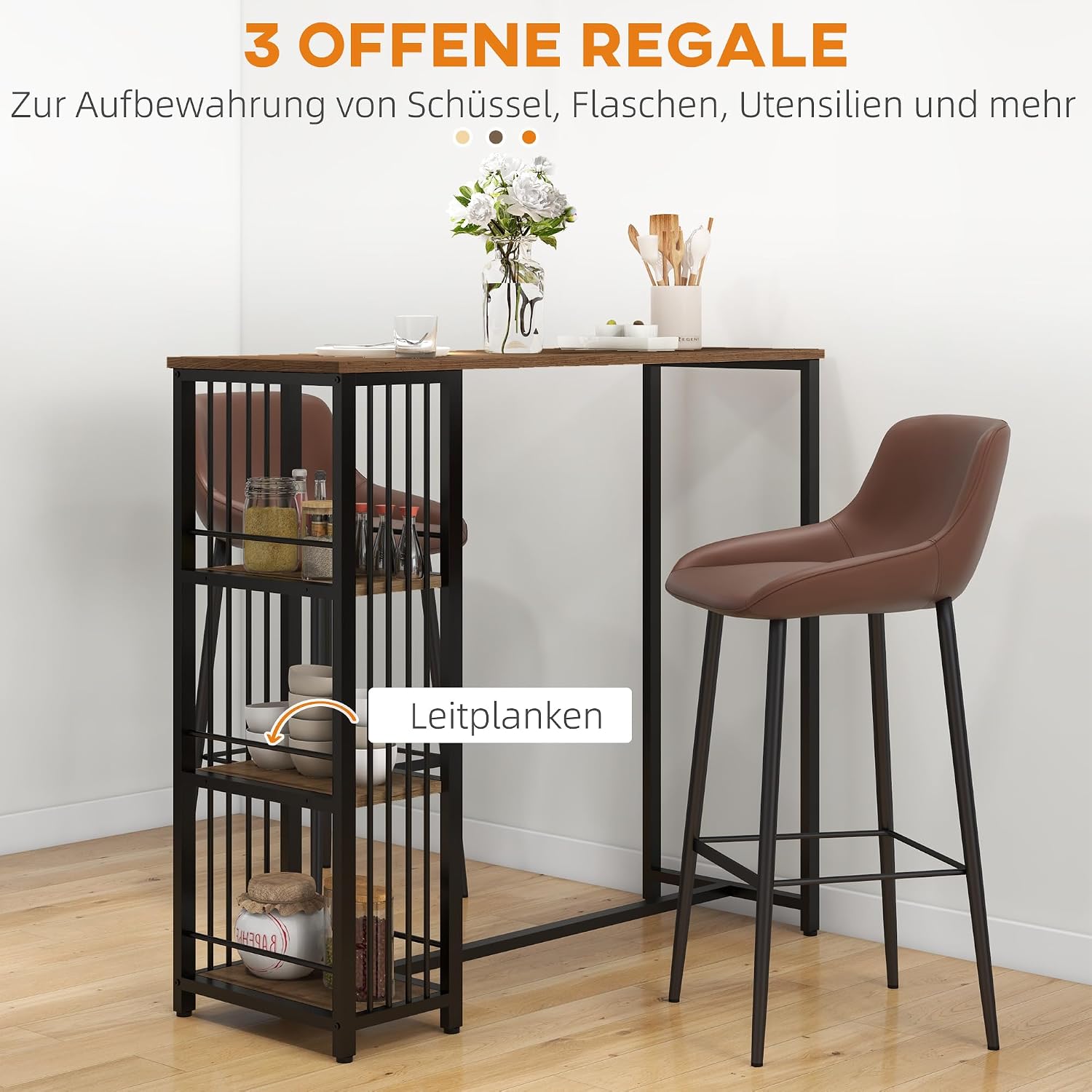 HOMCOM Bartisch Stehtisch Tresentisch mit 3 Ablageflächen Bartheke Küchentisch mit Holzoptik, Stahlgestell, für Esszimmer, Küche, Braun, 120 x 40 x 105 cm — Ansicht 4