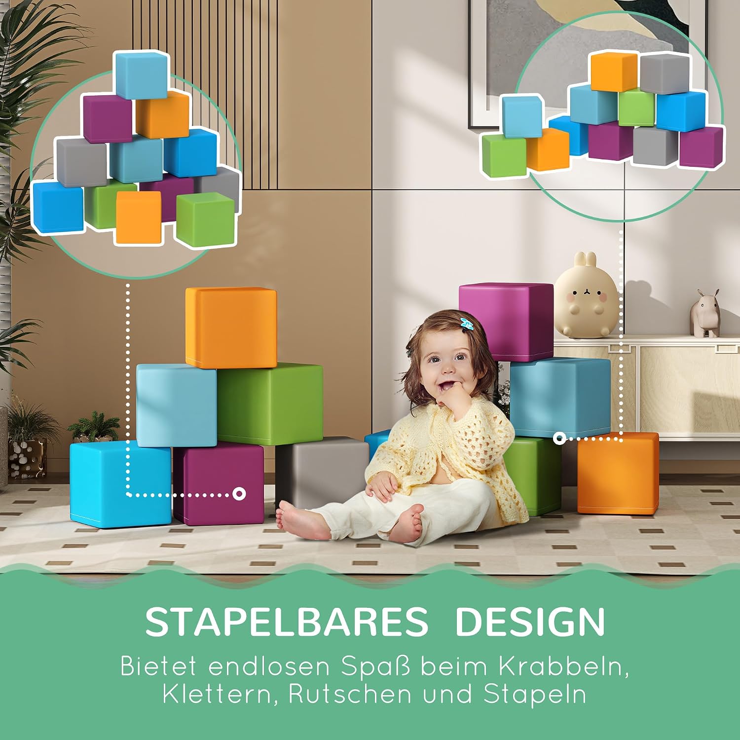 HOMCOM Bausteinset 12er-Set Schaumstoff Bausteine Bauklötze Bauspielzeug für Kinder Schaumstoffblöcke für 1-3 Jahre alt Kinder Kunstleder EPE Grau+Türkis — Ansicht 4