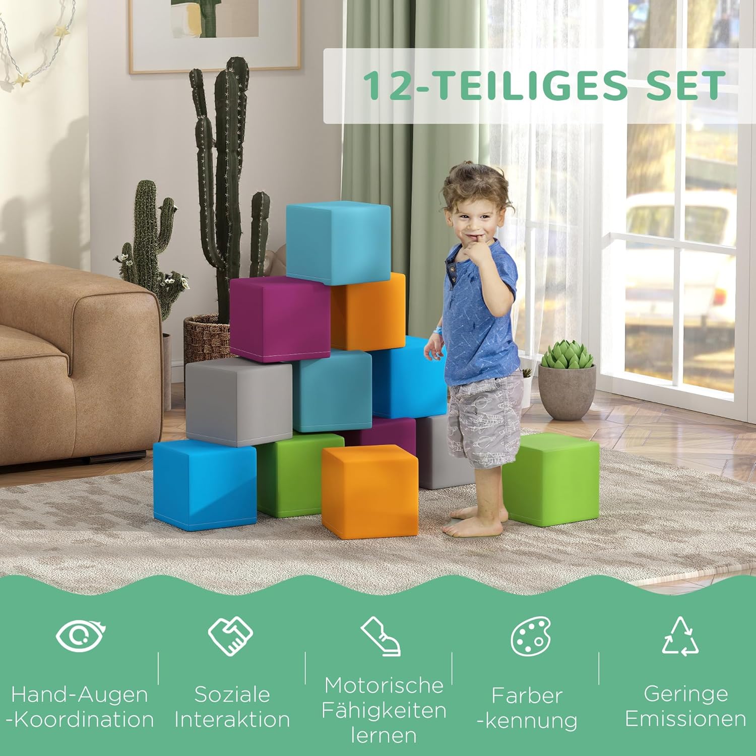 HOMCOM Bausteinset 12er-Set Schaumstoff Bausteine Bauklötze Bauspielzeug für Kinder Schaumstoffblöcke für 1-3 Jahre alt Kinder Kunstleder EPE Grau+Türkis — Ansicht 6