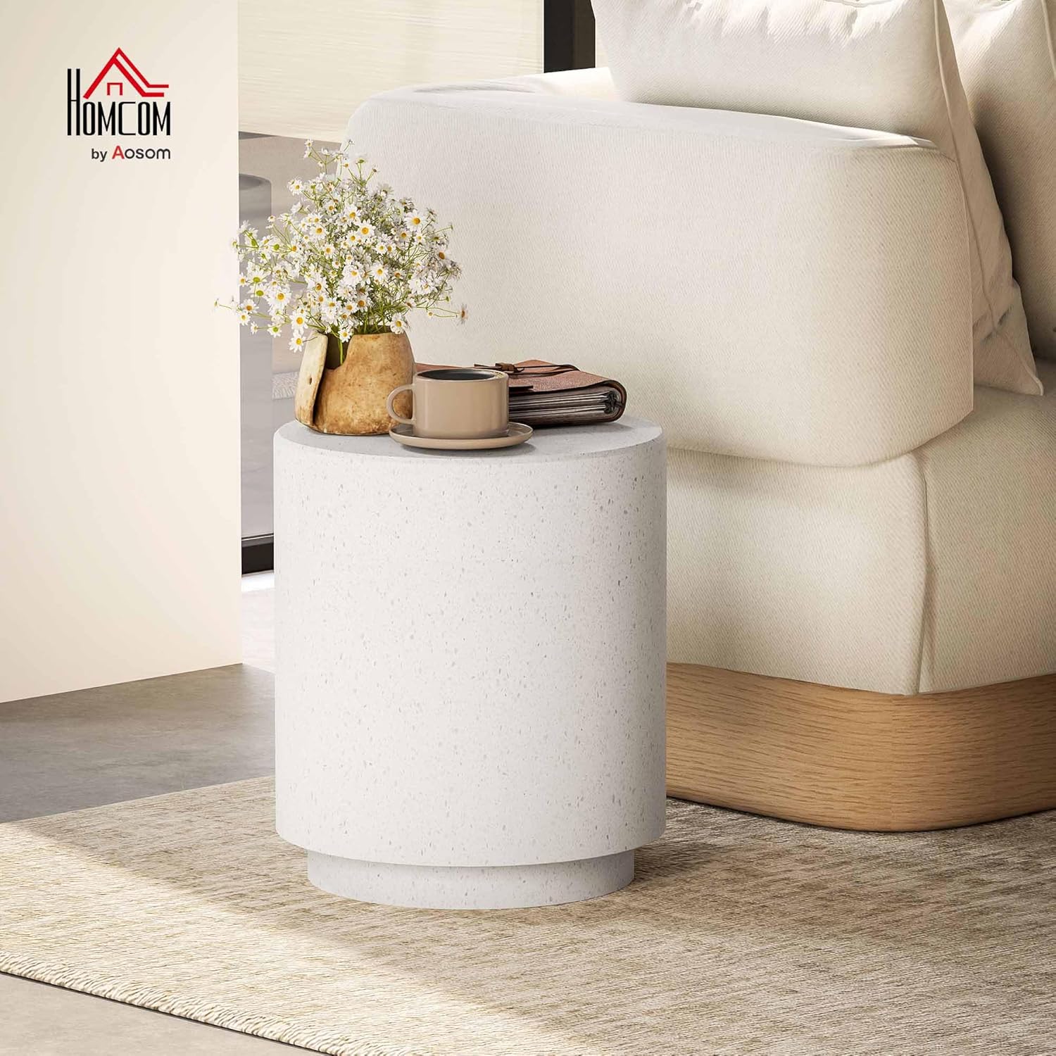HOMCOM Beistelltisch Rund Nachttisch mit Beton-Optik, Couchtisch mit Fußstützen Wohnzimmertisch Sofatisch Kaffeetisch für Wohnzimmer Schlafzimmer Ø37 x 43 cm, Cremeweiß — Ansicht 2