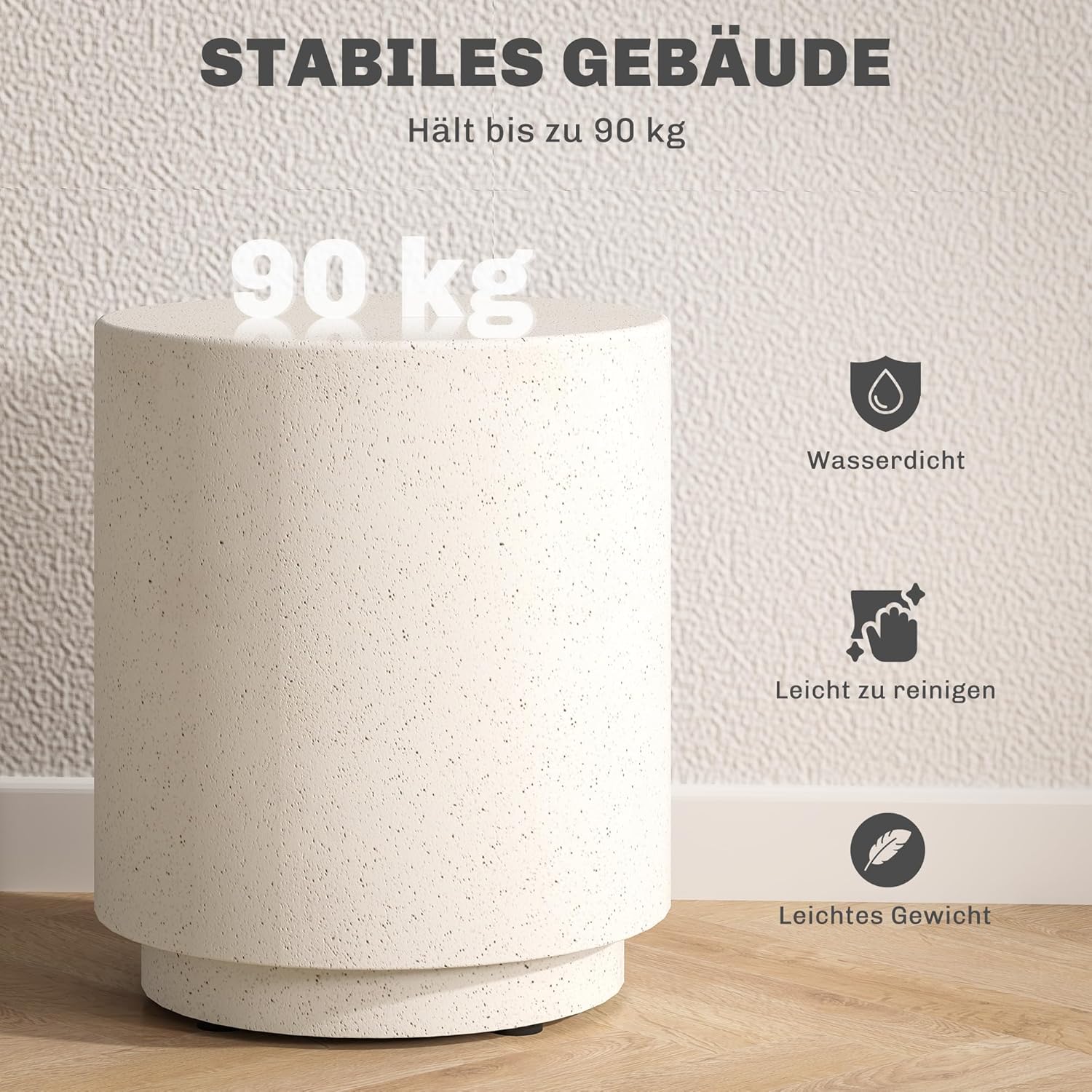 HOMCOM Beistelltisch Rund Nachttisch mit Beton-Optik, Couchtisch mit Fußstützen Wohnzimmertisch Sofatisch Kaffeetisch für Wohnzimmer Schlafzimmer Ø37 x 43 cm, Cremeweiß — Ansicht 5