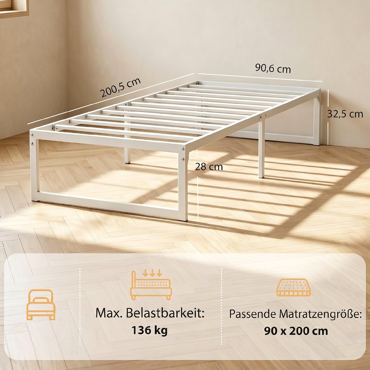 HOMCOM Bettgestell 200 x 90 cm, Bett 32,5 cm hoch mit Stauraum unter dem Bett, Lattenrost, geräuscharm, kein Boxspring erforderlich, einfache Montage, Weiß — Ansicht 3