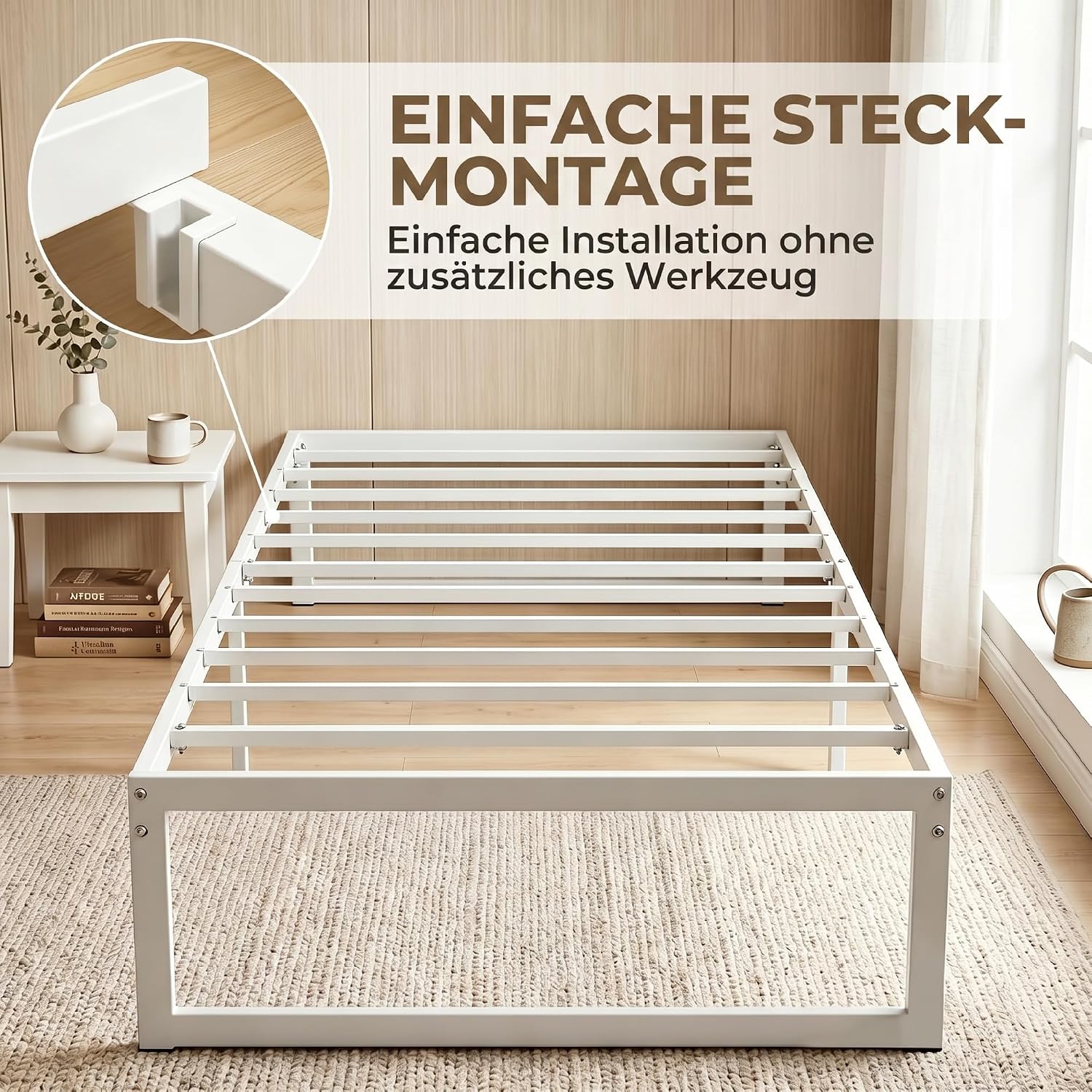HOMCOM Bettgestell 200 x 90 cm, Bett 32,5 cm hoch mit Stauraum unter dem Bett, Lattenrost, geräuscharm, kein Boxspring erforderlich, einfache Montage, Weiß — Ansicht 5
