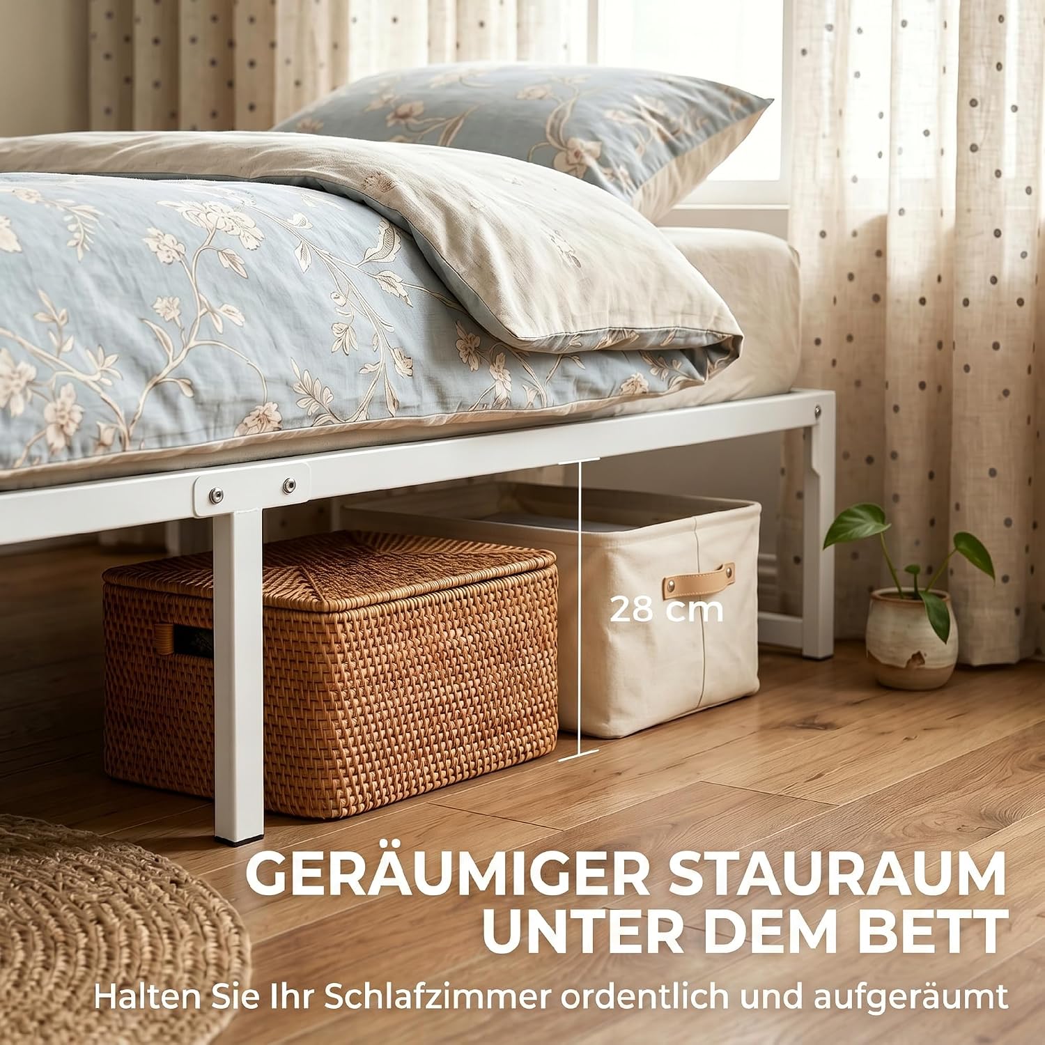 HOMCOM Bettgestell 200 x 90 cm, Bett 32,5 cm hoch mit Stauraum unter dem Bett, Lattenrost, geräuscharm, kein Boxspring erforderlich, einfache Montage, Weiß — Ansicht 6
