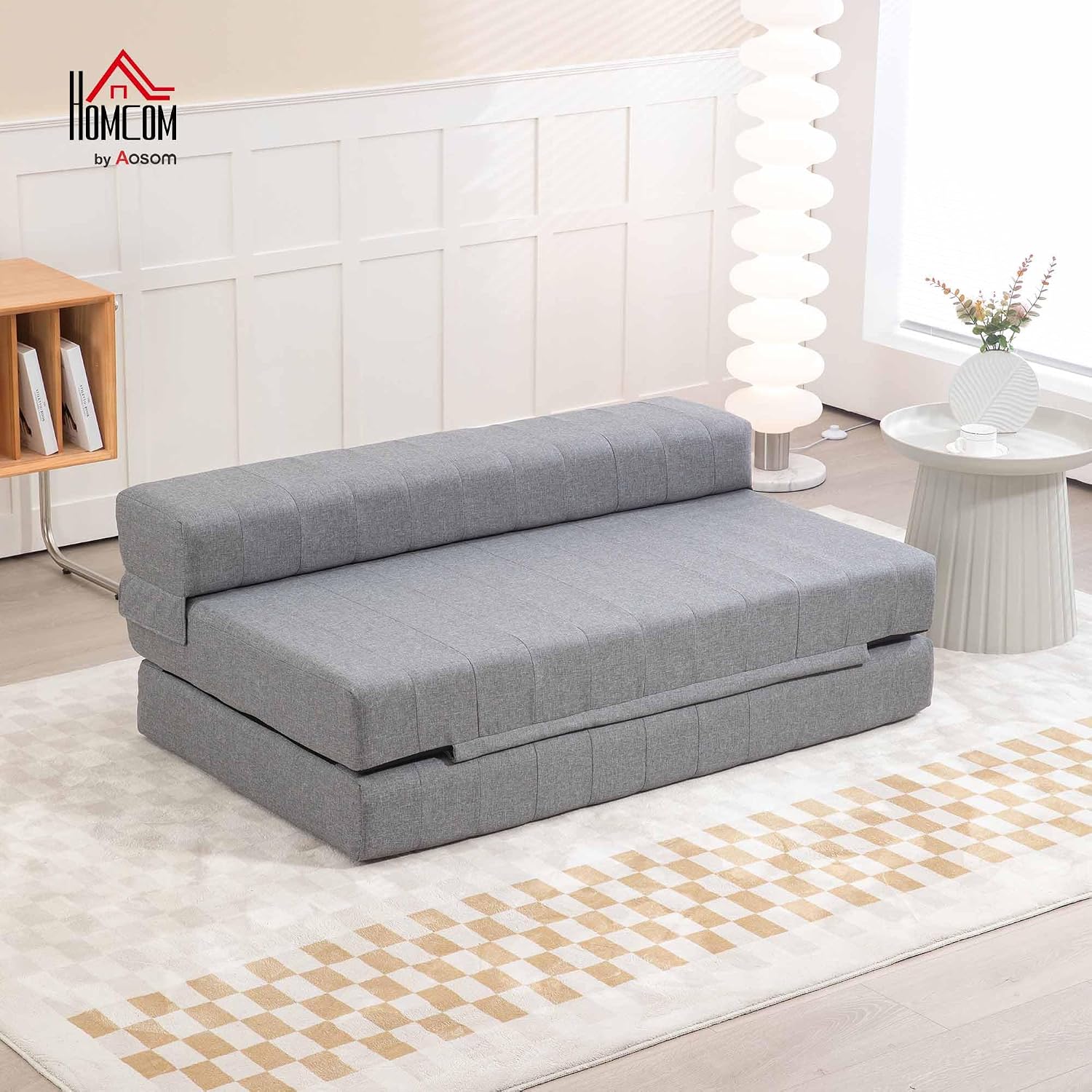 HOMCOM Bodensofa 2-in-1 Klappbar Schlafsofa mit Leinenoptik, für 2 Personen, Gepolstert Sofabett bis 250 kg belastbar für Wohnzimmer, Schlafzimmer, Grau — Ansicht 2