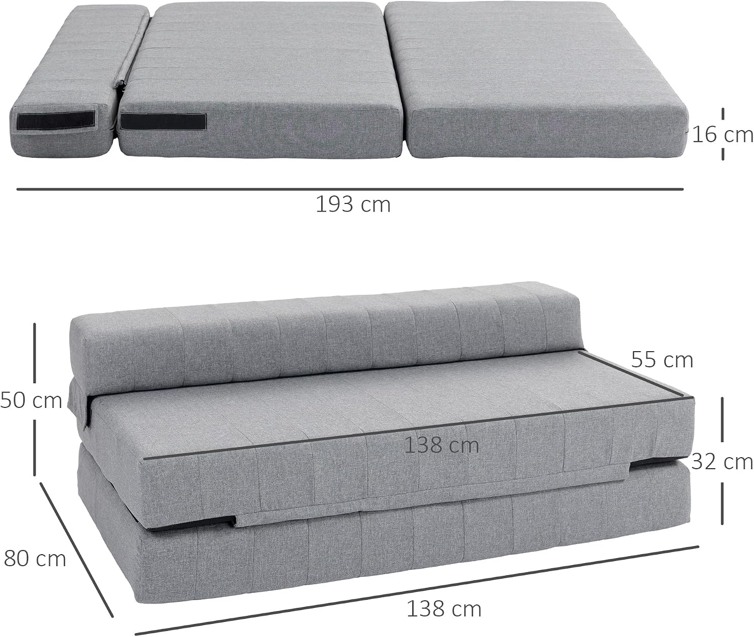 HOMCOM Bodensofa 2-in-1 Klappbar Schlafsofa mit Leinenoptik, für 2 Personen, Gepolstert Sofabett bis 250 kg belastbar für Wohnzimmer, Schlafzimmer, Grau — Ansicht 3