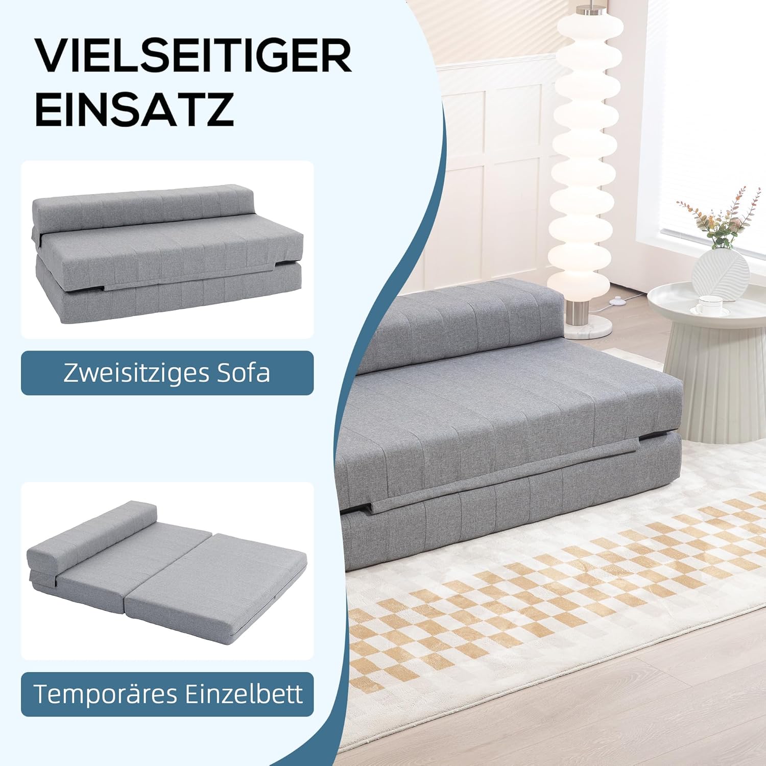 HOMCOM Bodensofa 2-in-1 Klappbar Schlafsofa mit Leinenoptik, für 2 Personen, Gepolstert Sofabett bis 250 kg belastbar für Wohnzimmer, Schlafzimmer, Grau — Ansicht 4