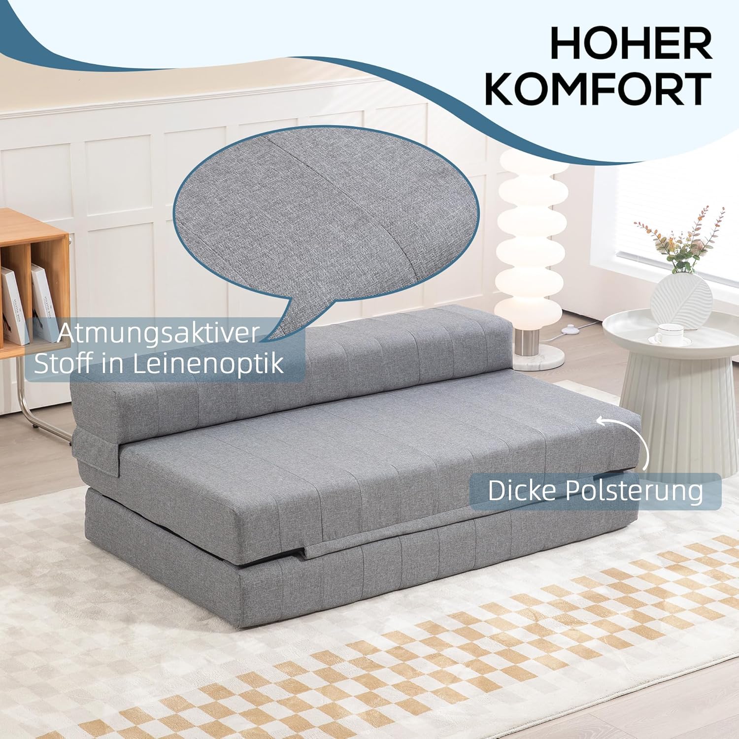 HOMCOM Bodensofa 2-in-1 Klappbar Schlafsofa mit Leinenoptik, für 2 Personen, Gepolstert Sofabett bis 250 kg belastbar für Wohnzimmer, Schlafzimmer, Grau — Ansicht 5
