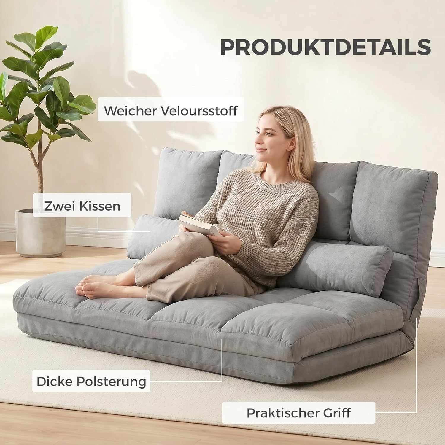 HOMCOM Bodenstuhl Bodensessel mit Liegefunktion Verstellbarer Rückenlehne Sitzkissen Relaxsessel zum Fernsehen, Lesen Meditationsstuhl Lazy Sofa Lesesessel für Meditation Yoga Büro Grau — Ansicht 6