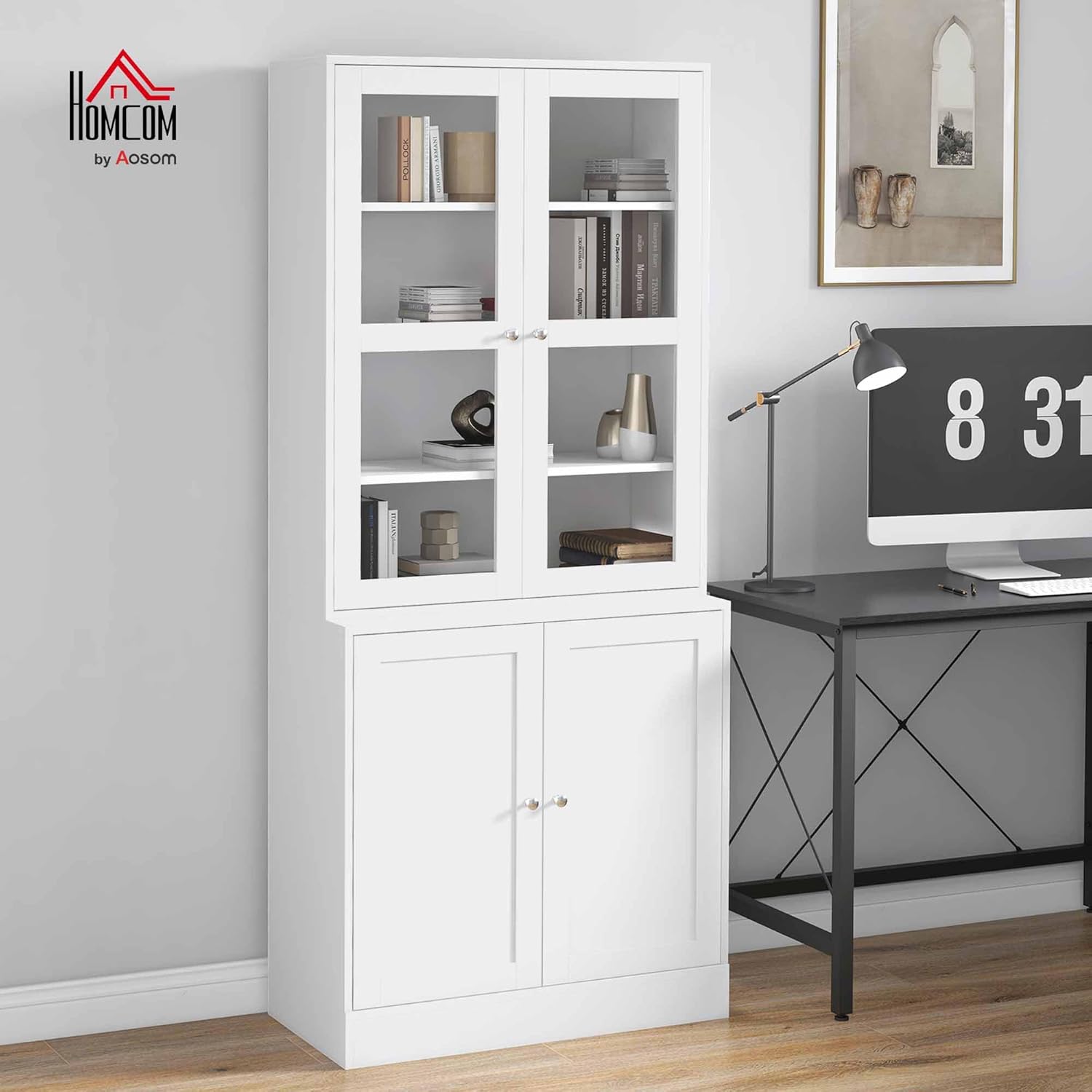 HOMCOM Bücherregal Bücherschrank mit 6 Fächern, Türen, Standregal Aufbewahrungsregal Bürporegal für Wohnzimmer, Büro 76x40x178,5 cm Weiß — Ansicht 2