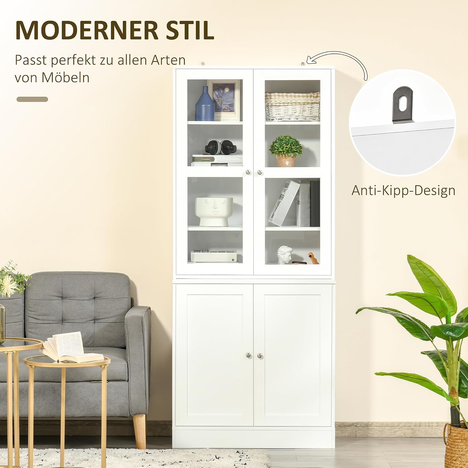 HOMCOM Bücherregal Bücherschrank mit 6 Fächern, Türen, Standregal Aufbewahrungsregal Bürporegal für Wohnzimmer, Büro 76x40x178,5 cm Weiß — Ansicht 4