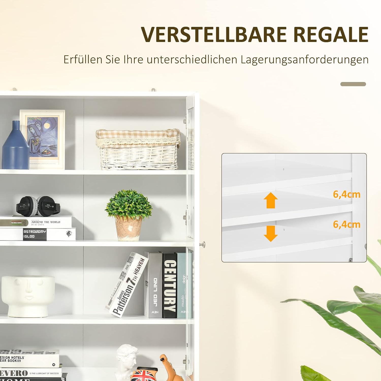 HOMCOM Bücherregal Bücherschrank mit 6 Fächern, Türen, Standregal Aufbewahrungsregal Bürporegal für Wohnzimmer, Büro 76x40x178,5 cm Weiß — Ansicht 5